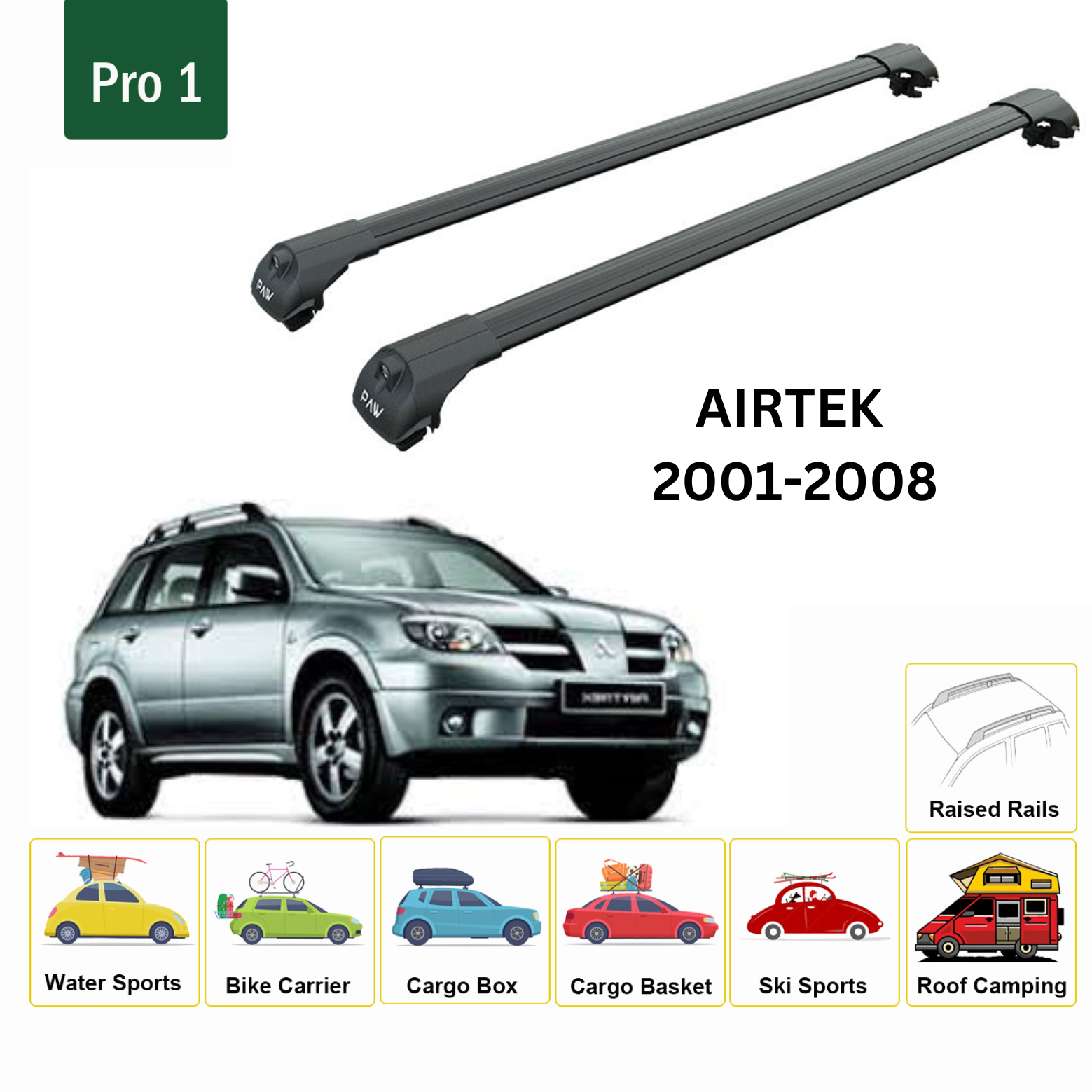 For Mitsubishi Airtrek 2001-08 Roof Rack Cross Bars Metal Bracket Raised Rail Alu Black-2