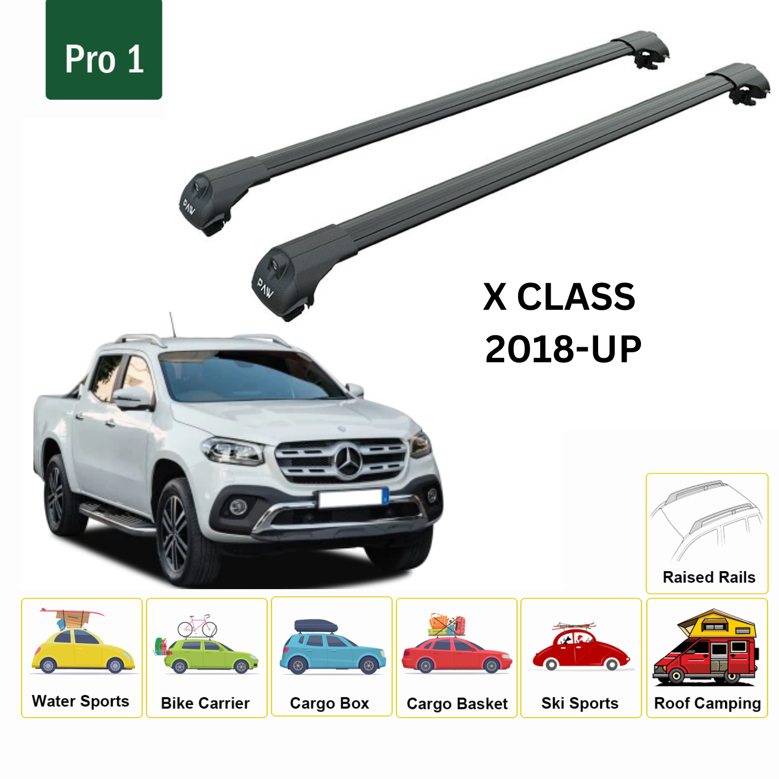 For Mercedes Benz X Double Cab. 2018-Up Roof Rack Cross Bars Metal Bracket Raised Rail Alu Black
