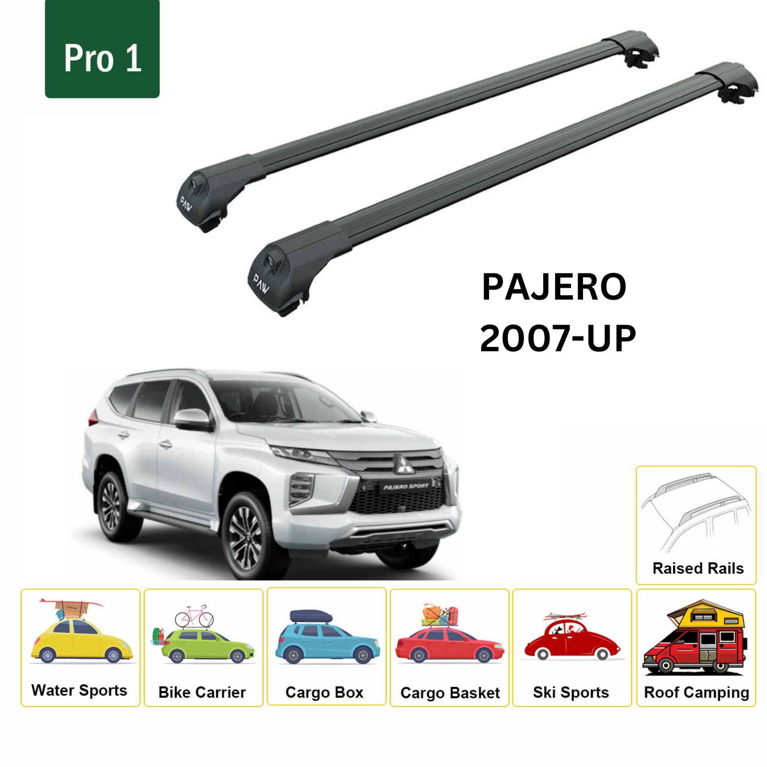 For Mitsubishi Pajero 2007-Up Roof Rack Cross Bars Metal Bracket Raised Rail Alu Black
