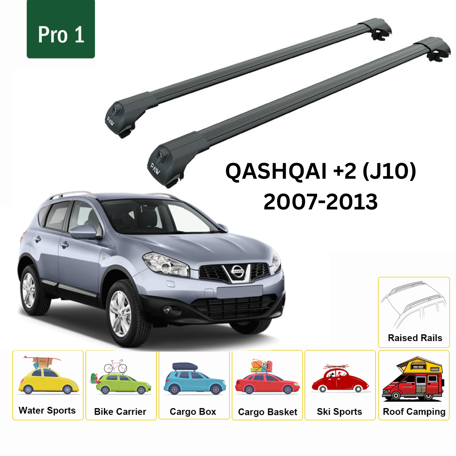 For Nissan Qashqai  J10 +2 2007-13 Roof Rack Cross Bars Metal Bracket Raised Rail Alu Black