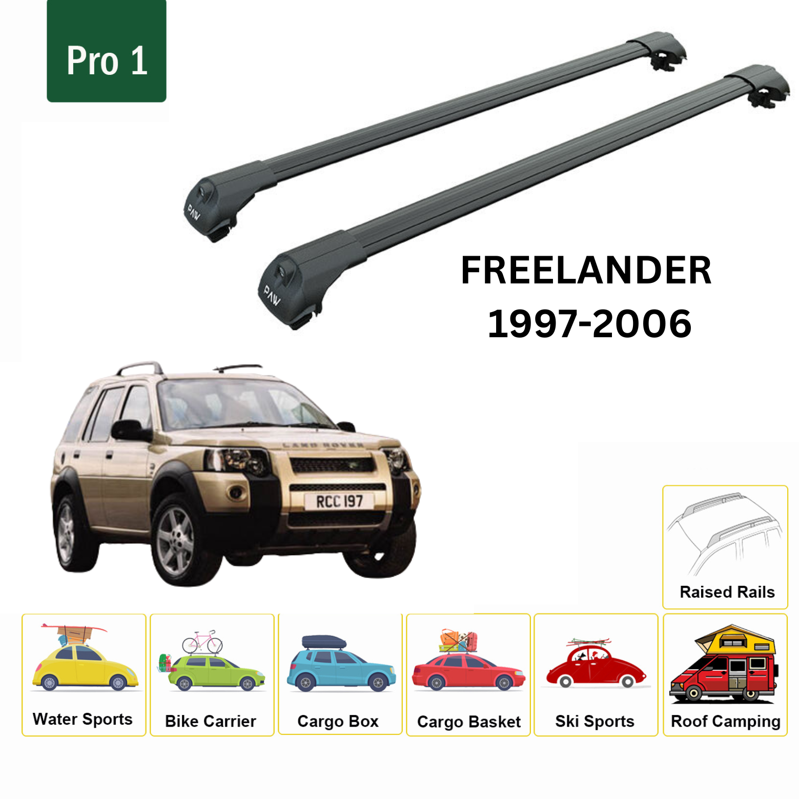 For Land Rover Freelander 1997-06 Roof Rack Cross Bars Metal Bracket Raised Rail Alu Black