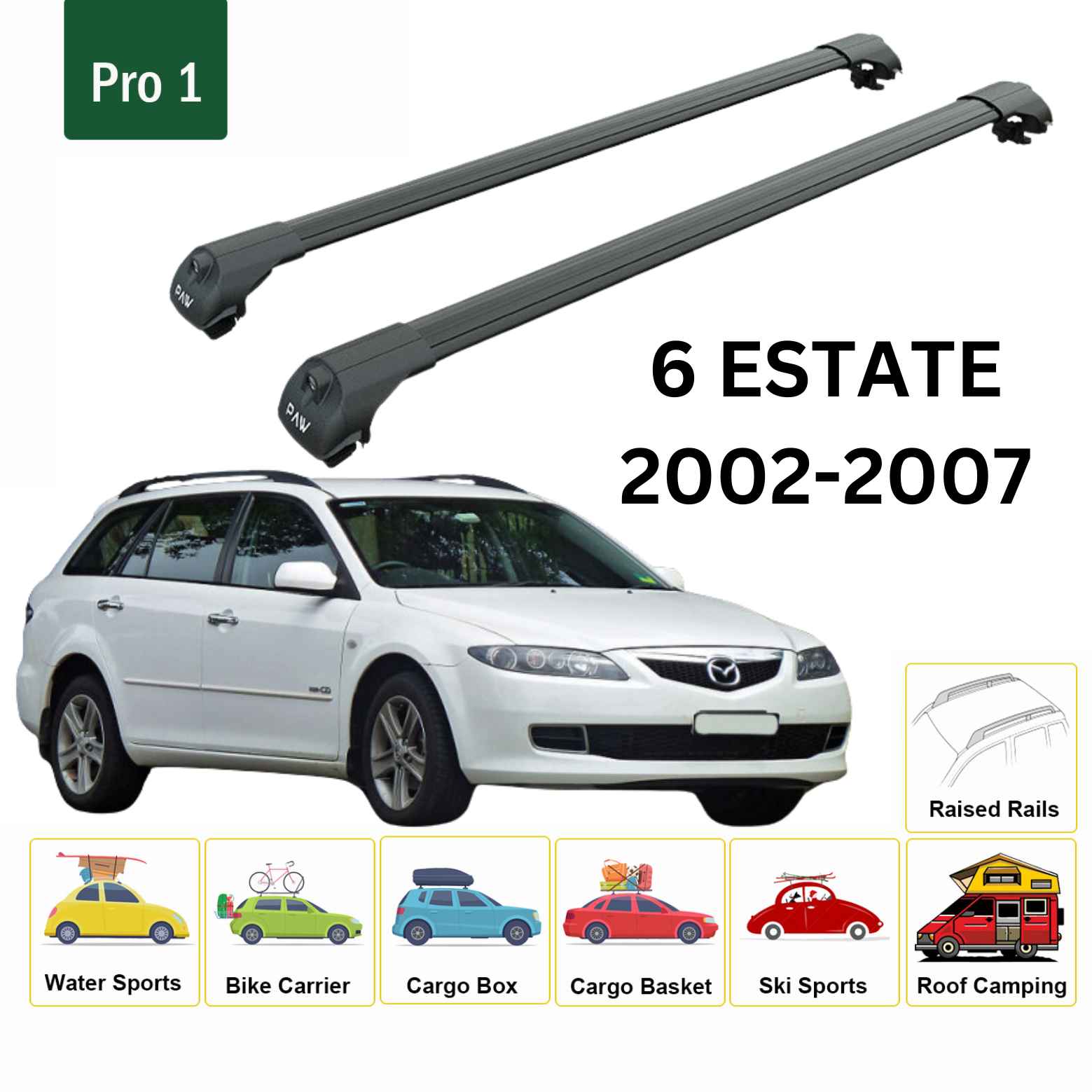 For Mazda 6 Estate 2002-07 Roof Rack Cross Bars Raised Rail Alu Black