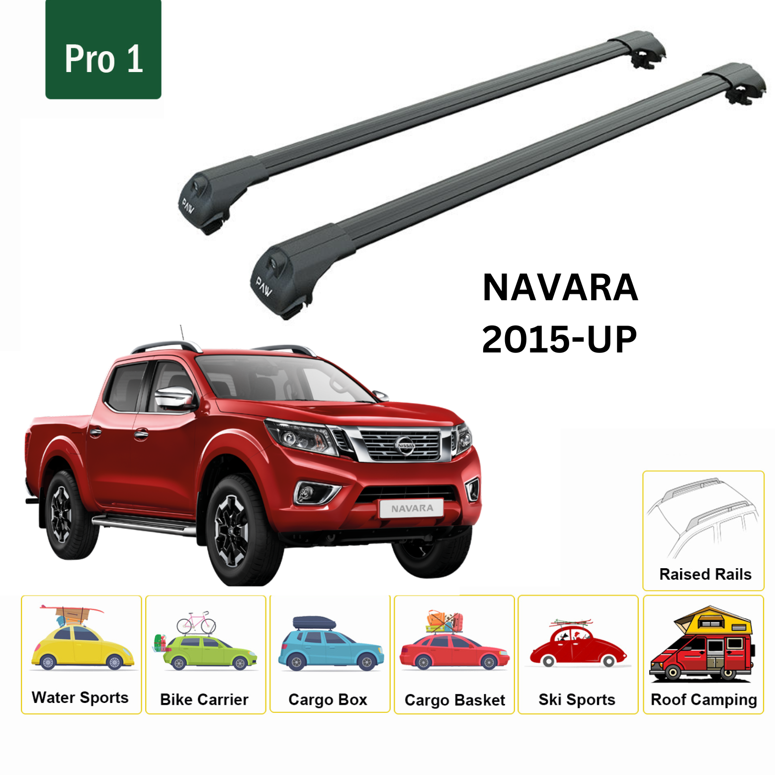For Nissan Navara NP300 2015-Up Roof Rack Cross Bars Metal Bracket Raised Rail Alu Black - 0