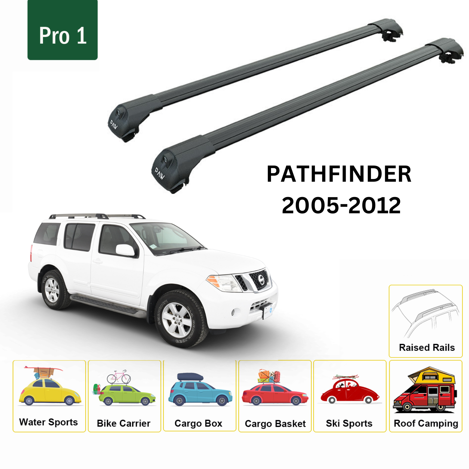 For Nissan Pathfinder 2005-12 Roof Rack Cross Bars Metal Bracket Raised Rail Alu Black
