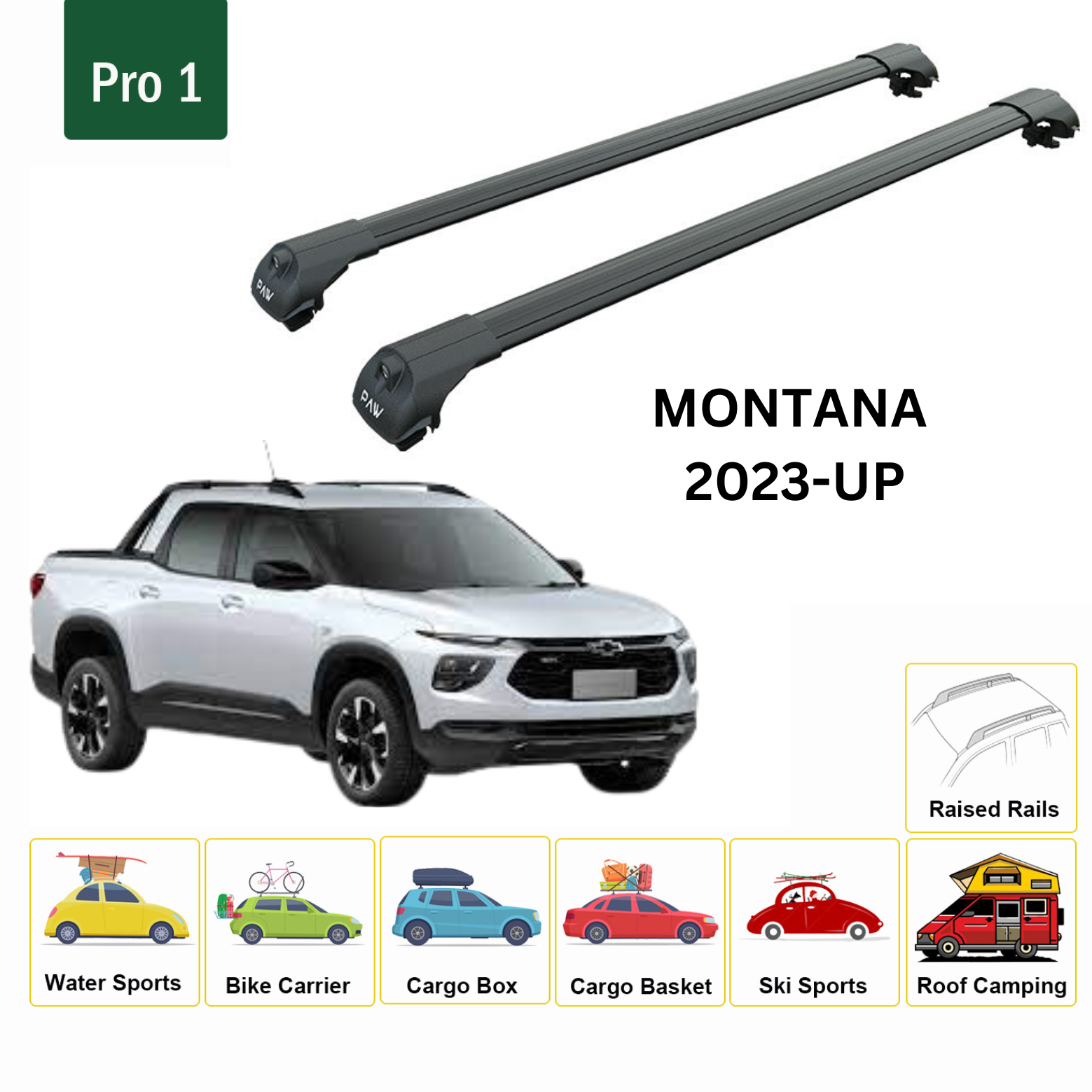 For Chevrolet Montana 2023-Up Roof Rack Cross Bars Metal Bracket Raised Rail Alu Black - 0