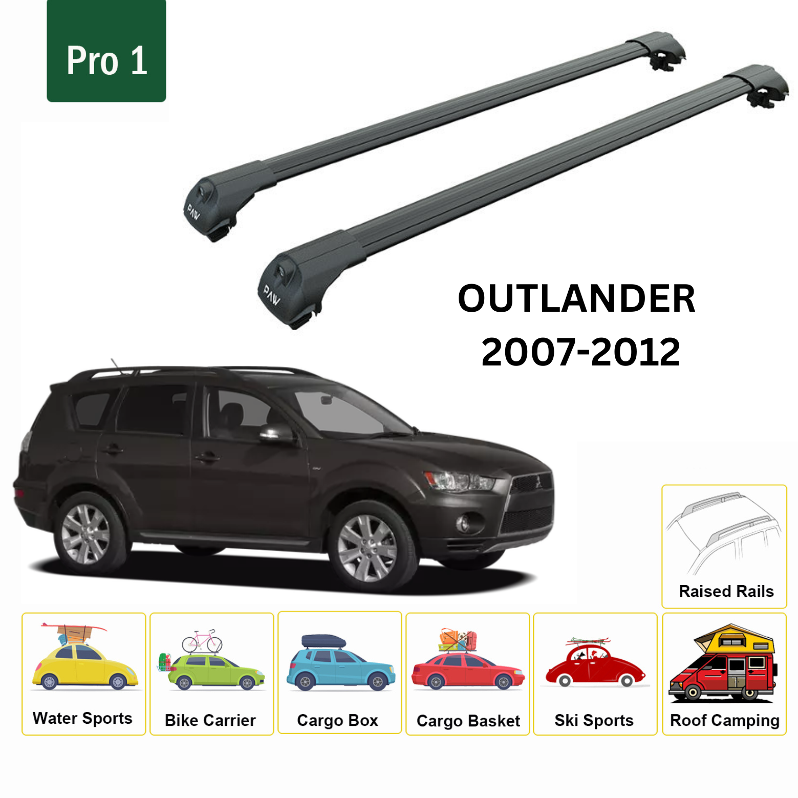 For Mitsubishi Outlander 2007-12 Roof Rack Cross Bars Metal Bracket Raised Rail Alu Black-2