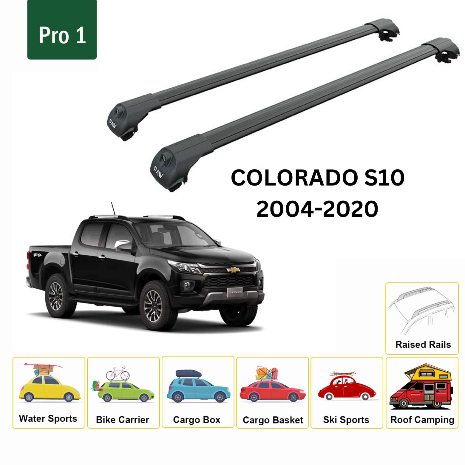 For Chevrolet Colorado S10 2004-2020 Roof Rack Cross Bars Metal Bracket Raised Rail Alu Black - 0
