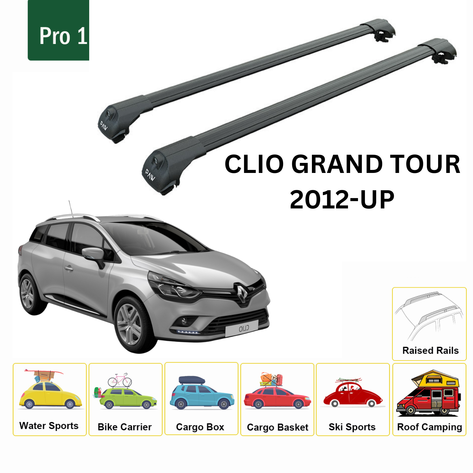 For Renault Clio Grand Tour 2012-Up Roof Rack System, Aluminium Cross Bar, Metal Bracket, Normal Roof, Black - 0