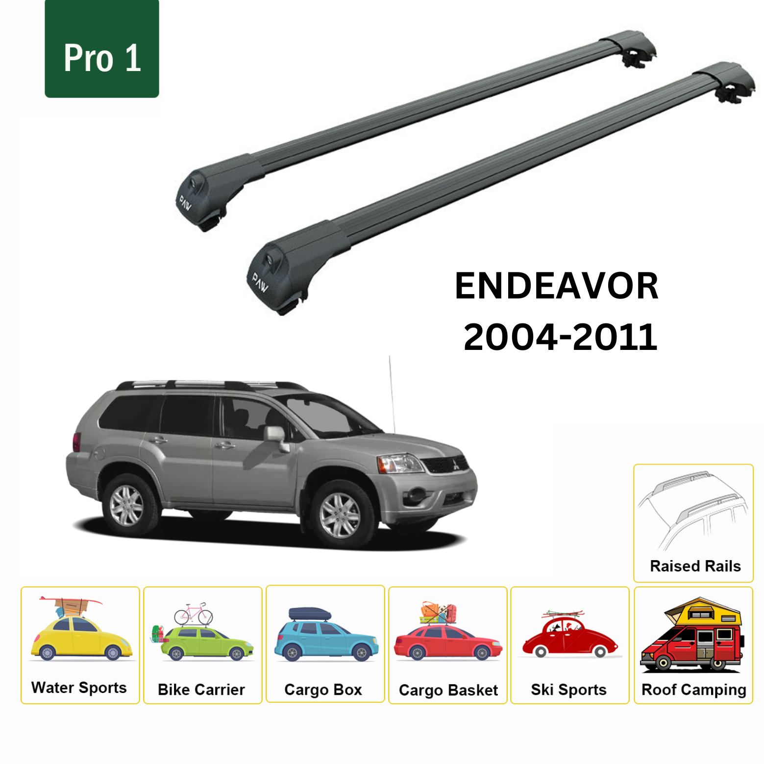 For Mitsubishi Endeavor 2004-11 Roof Rack Cross Bars Metal Bracket Raised Rail Alu Black-2