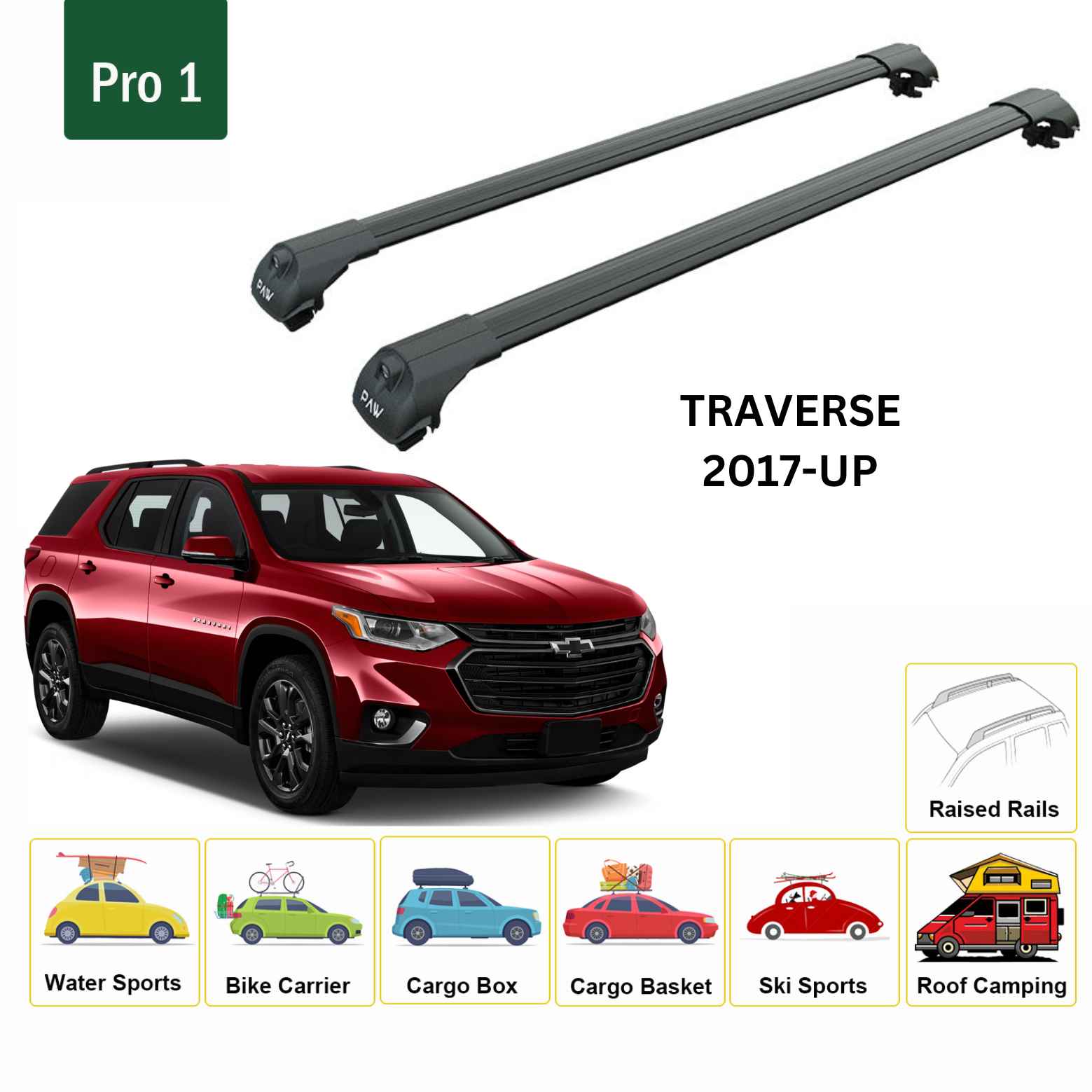 For Chevrolet Traverse 2017-Up Roof Rack Cross Bars Raised Rail Alu Black - 0