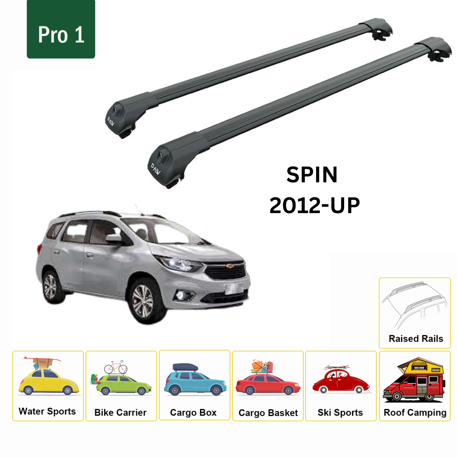 For Chevrolet Spin 2008-Up Roof Rack Cross Bars Metal Bracket Raised Rail Alu Black - 0