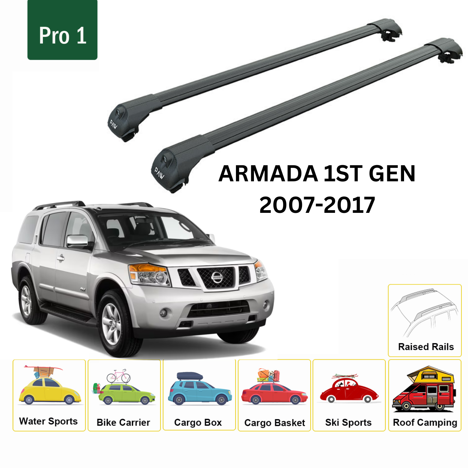 For Nissan Armada Patrol 2007-17 Roof Rack Cross Bars Metal Bracket Raised Rail Alu Black - 0