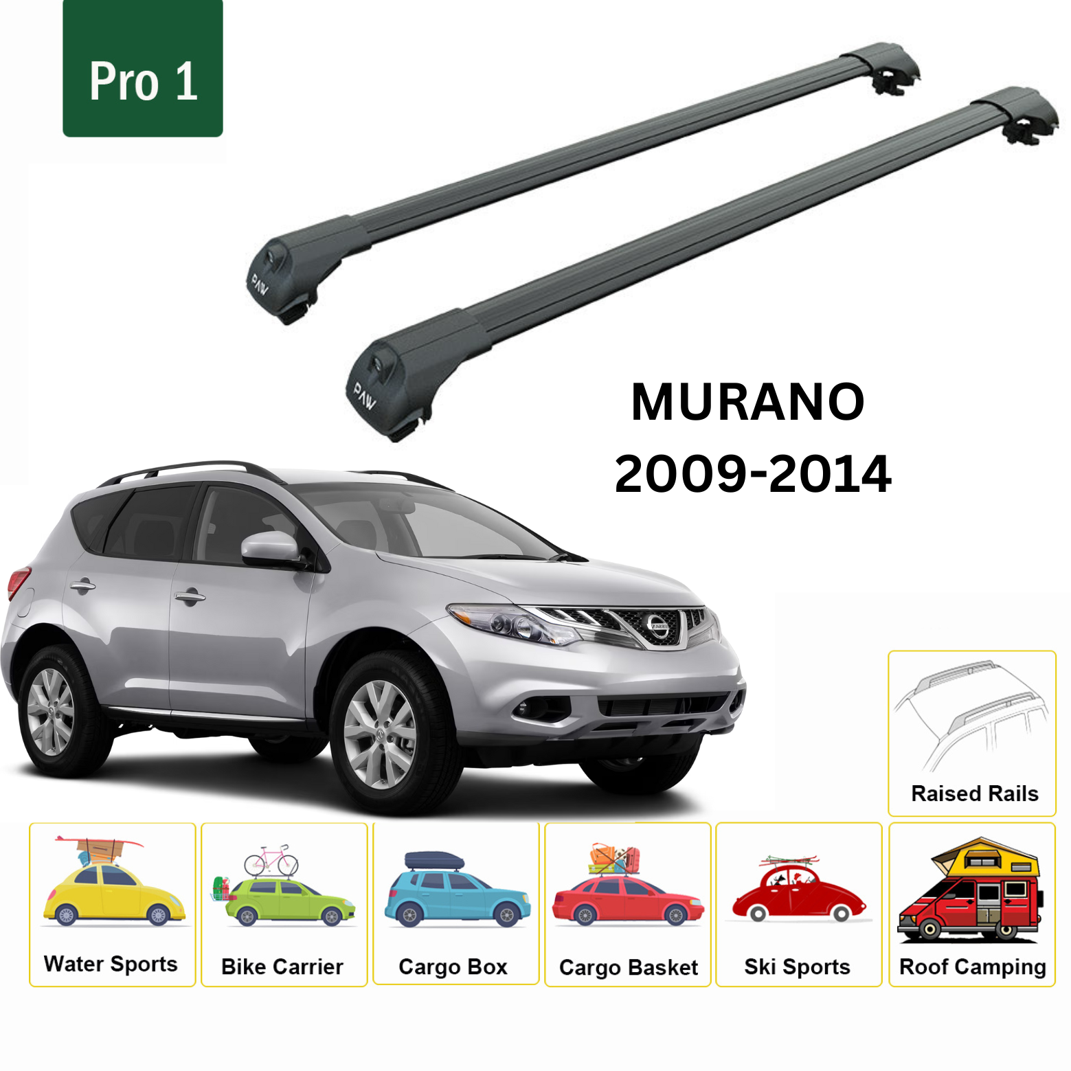 For Nissan Murano 2009-14 Roof Rack Cross Bars Metal Bracket Raised Rail Black - 0