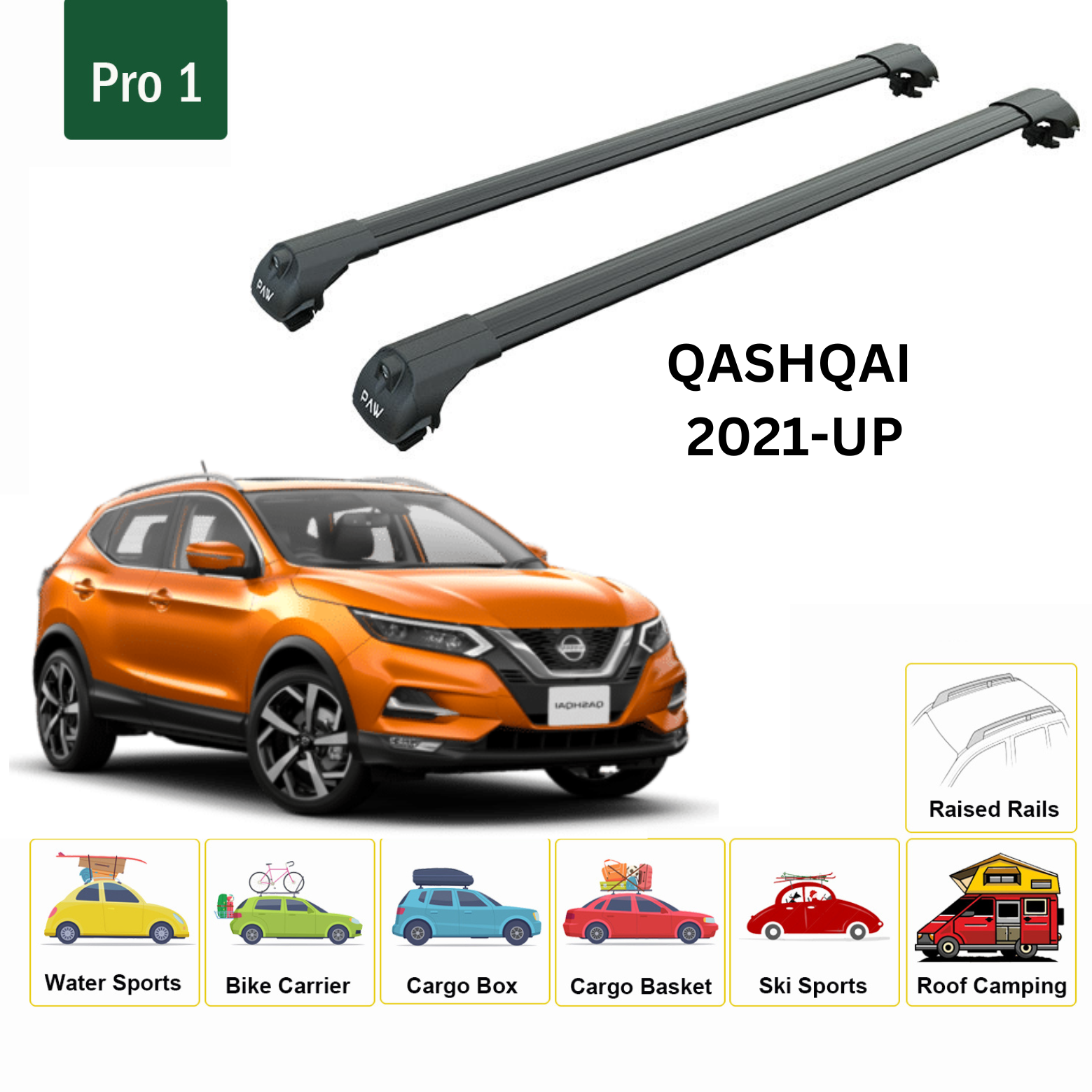 For Nissan Qashqai J12 2021-Up Roof Rack Cross Bars Metal Bracket Raised Rail Alu Black