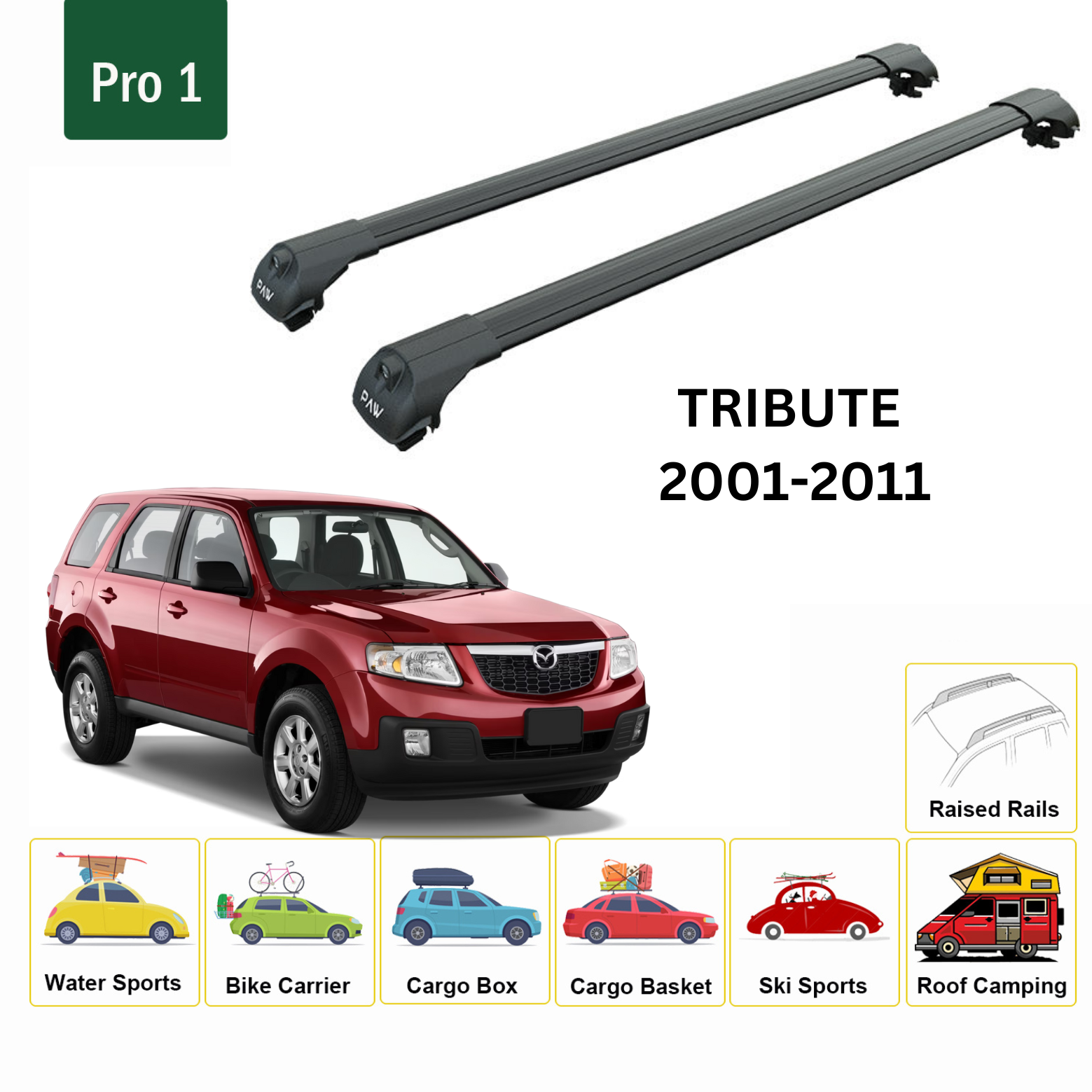 For Mazda Tribute 2001-11 Roof Rack Cross Bars Metal Bracket Raised Rail Alu Black