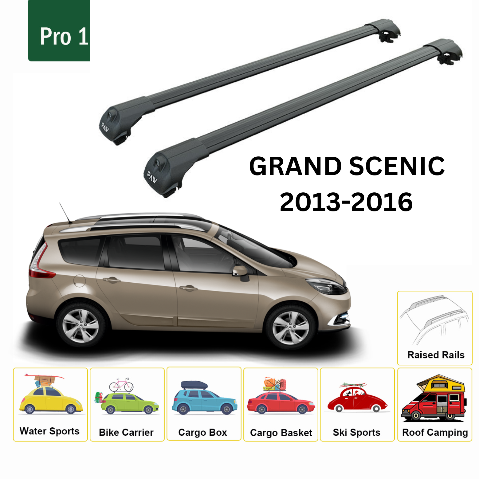 For Renault Grand Scenic 2013-2016 Roof Rack System, Aluminium Cross Bar, Metal Bracket, Normal Roof, Black