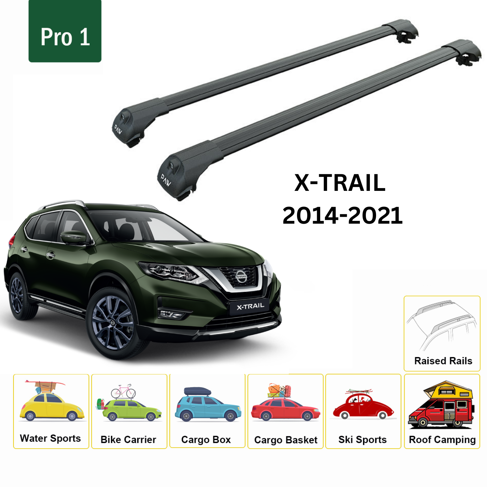 For Nissan X-Trail T32 Roof Rack Cross Bar Metal Bracket Raised Rail Alu Black 2014-21 - 0