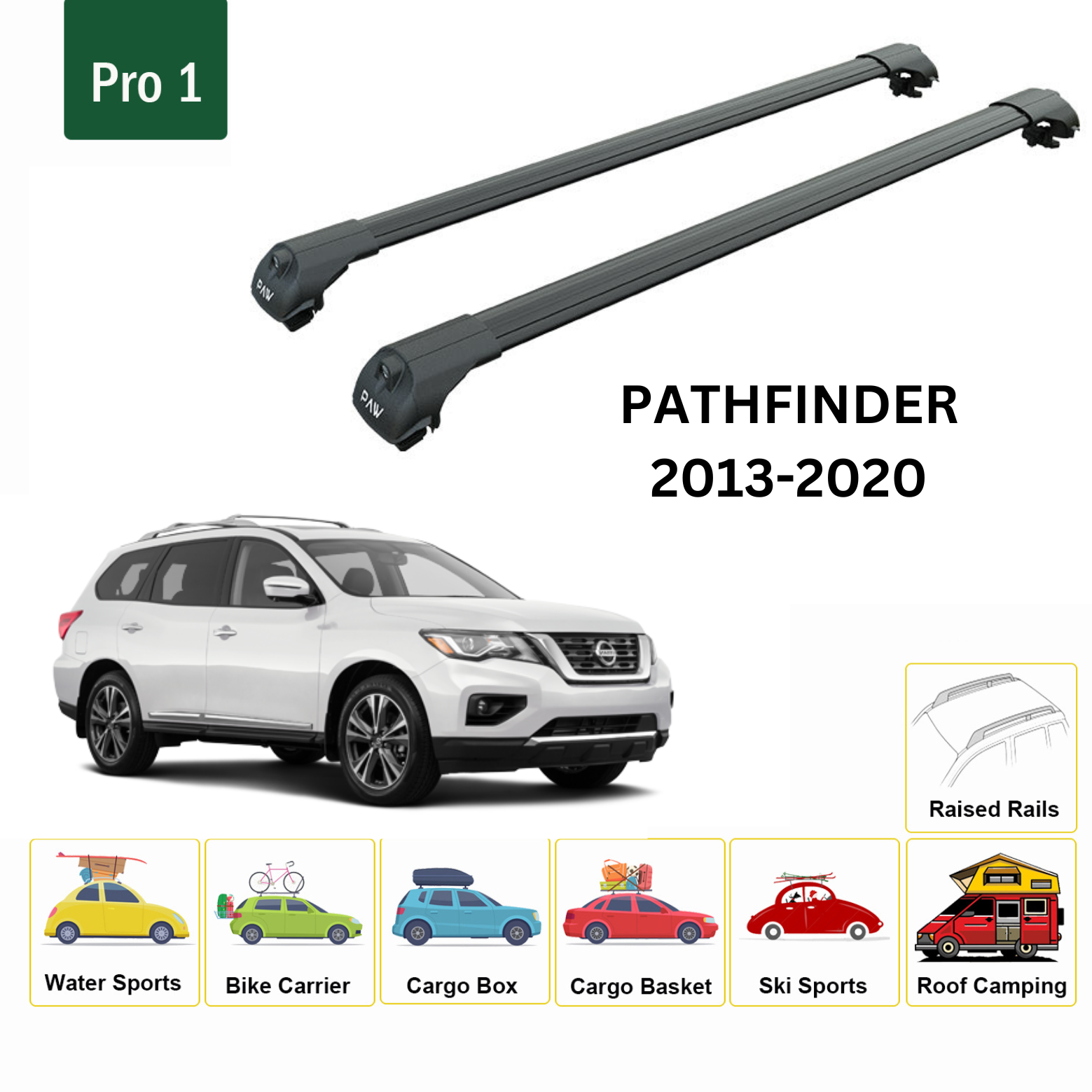 For Nissan Pathfinder 2013-20 Roof Rack Cross Bars Metal Bracket Raised Rail Alu Black - 0