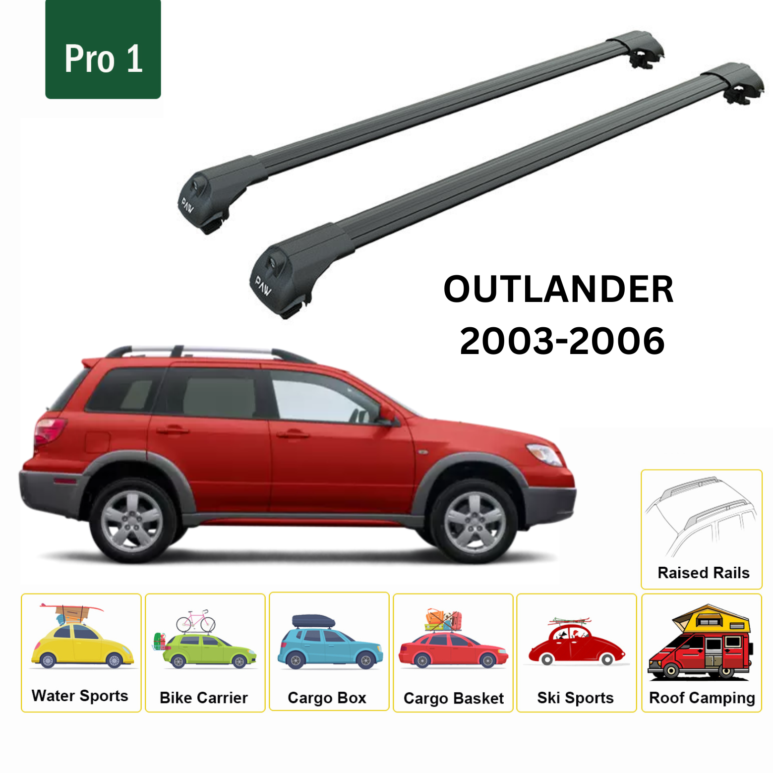 For Mitsubishi Outlander 2003-06 Roof Rack Cross Bars Raised Rail Alu Black - 0