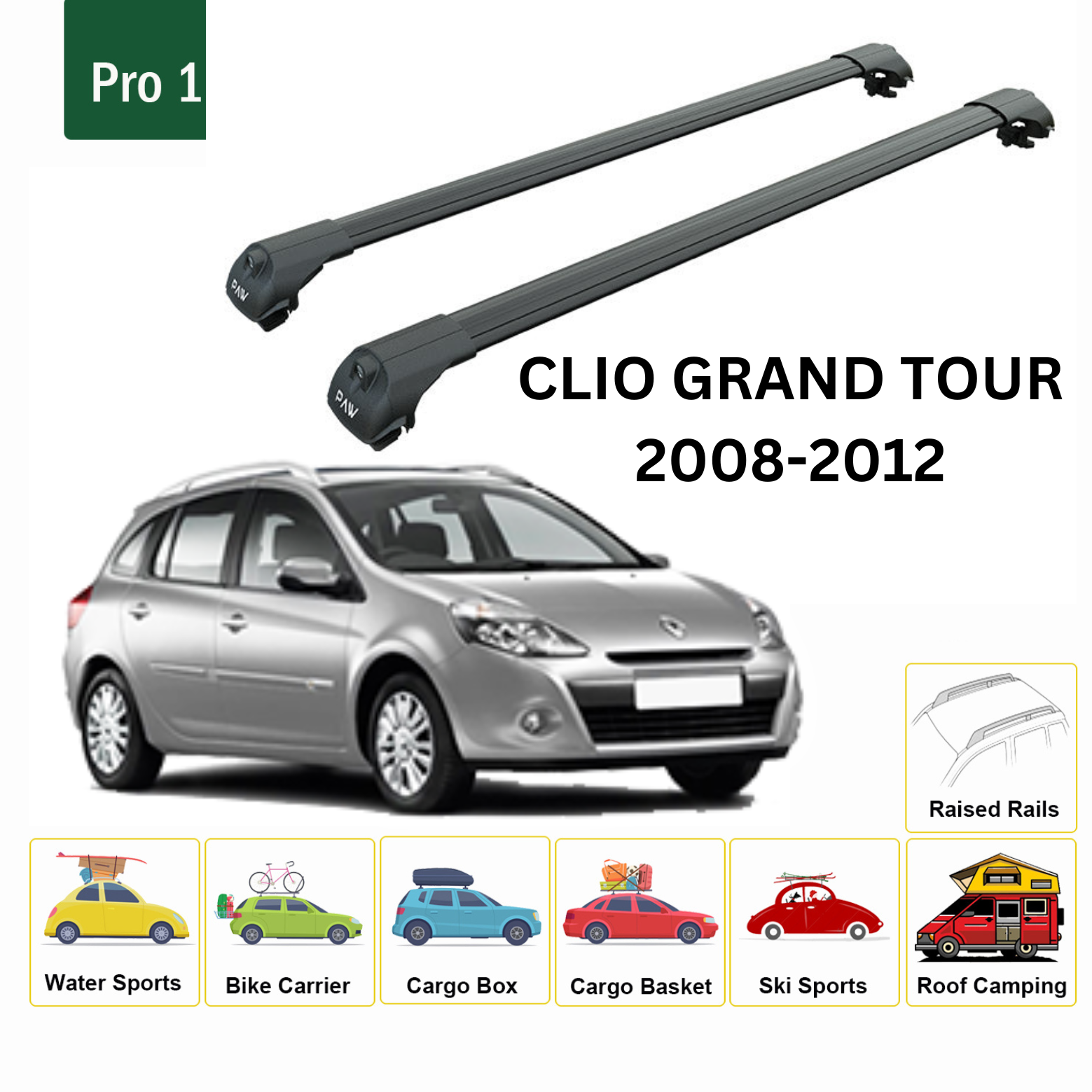 For Renault Clio Grand Tour 2008-2012 Roof Rack System, Aluminium Cross Bar, Metal Bracket, Normal Roof, Black
