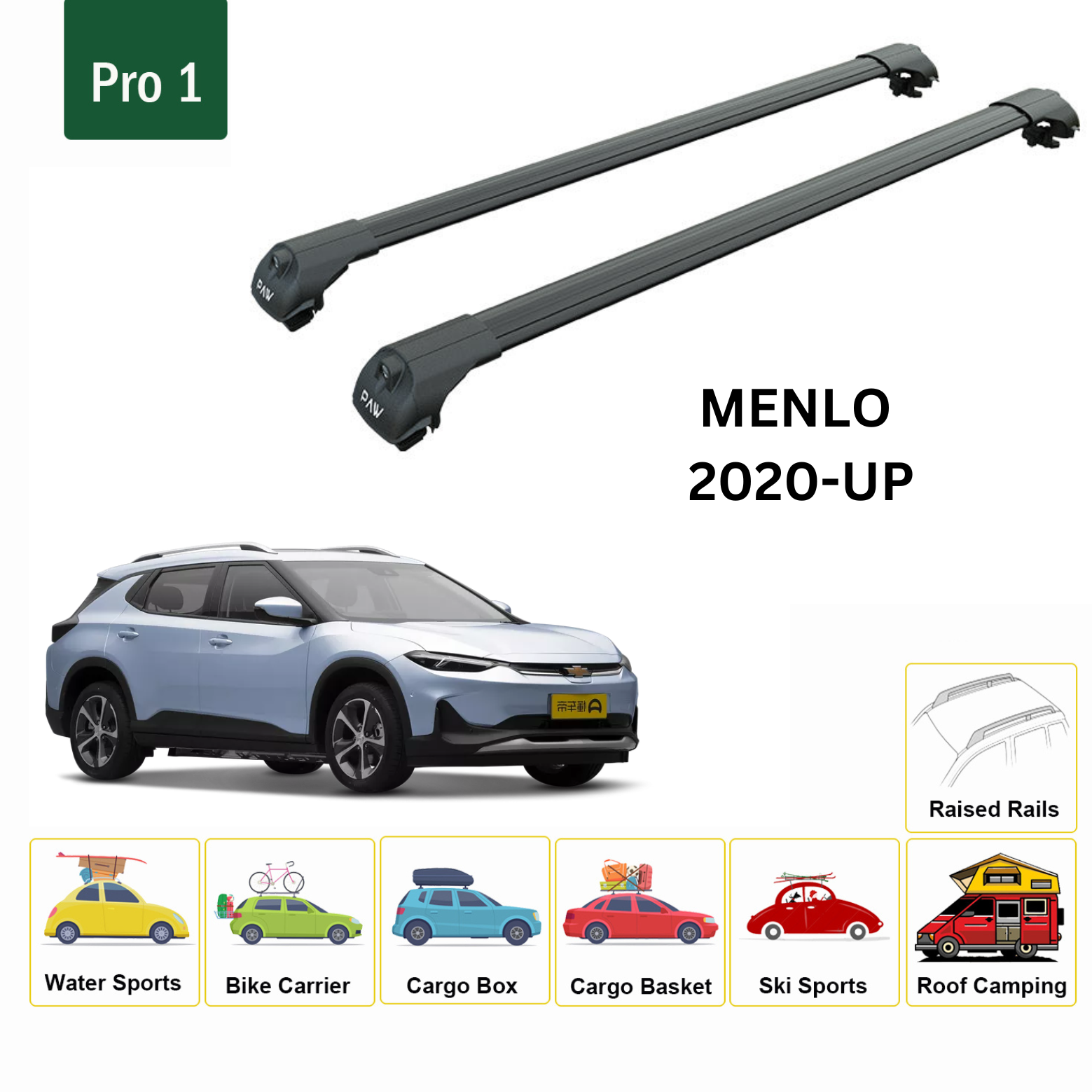 For Chevrolet Menlo 2020-Up Roof Rack Cross Bars Metal Bracket Raised Rail Alu Black