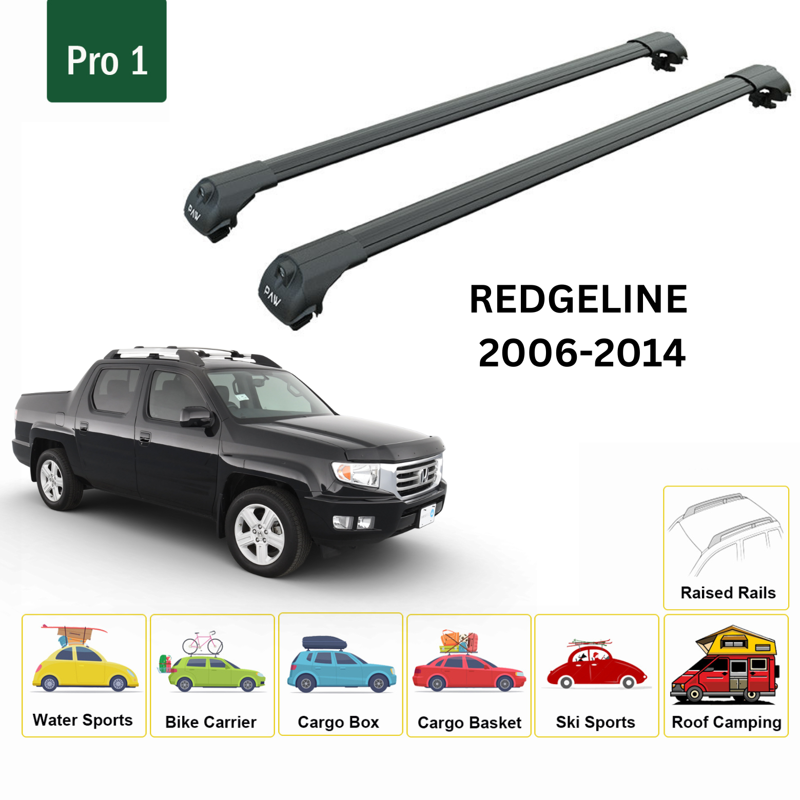 For Honda Ridgeline 2006-14 Roof Rack Cross Bars Metal Bracket Raised Rail Alu Black