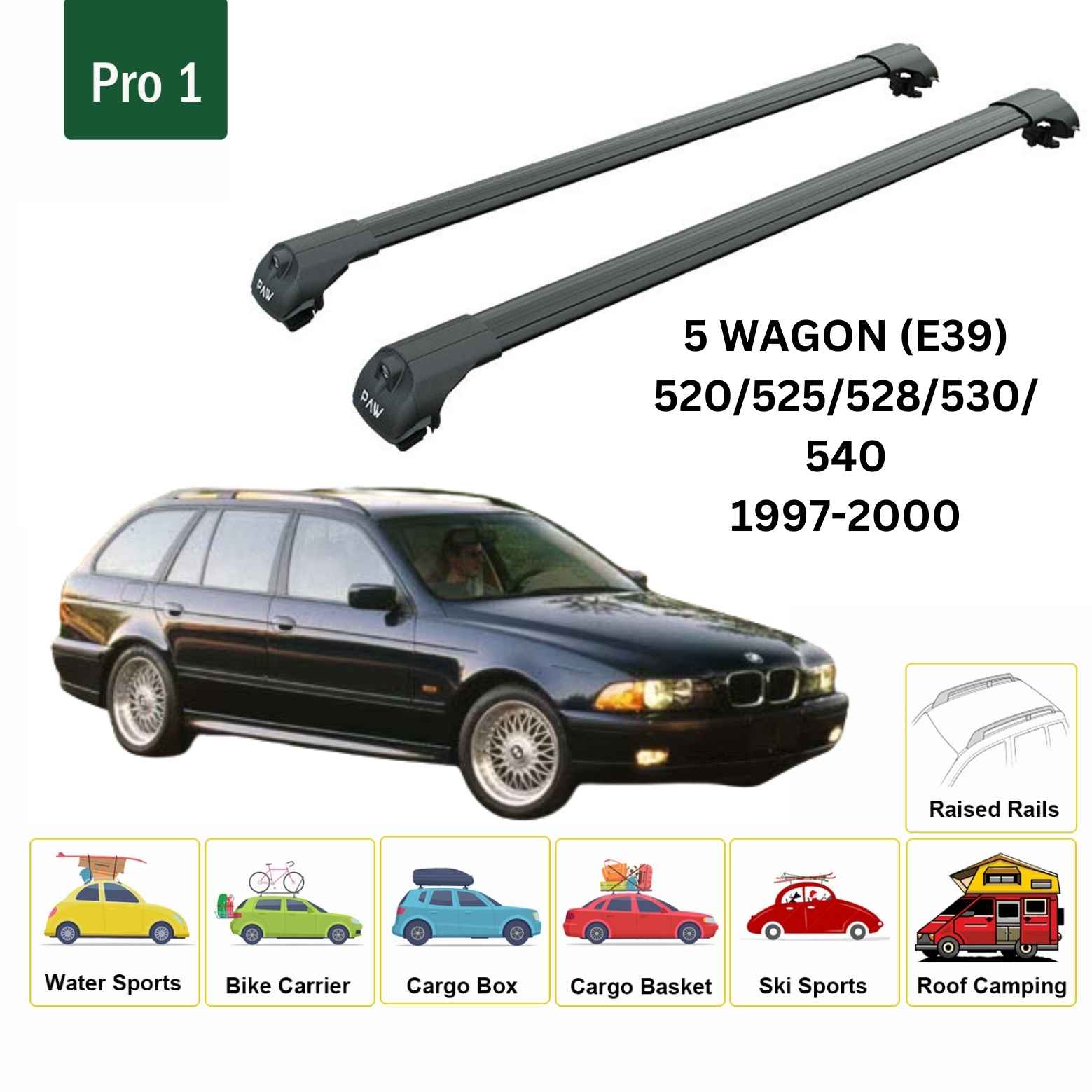 Für Bmw 5 Series E39 Wagon 1995–2004 Dachträgersystem, Aluminium-Querstange, Metallhalterung, erhöhte Schiene, schwarz - 0