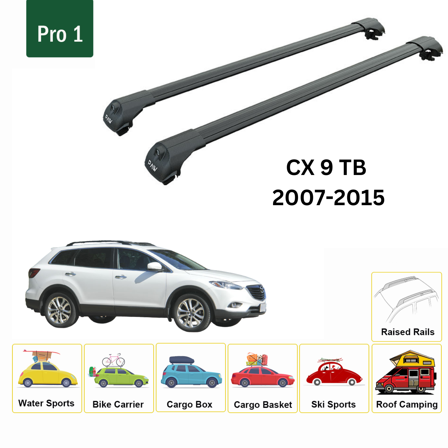 For Mazda CX-9 TB 2007-15 Roof Rack Cross Bars Metal Bracket Raised Rail Alu Black-2