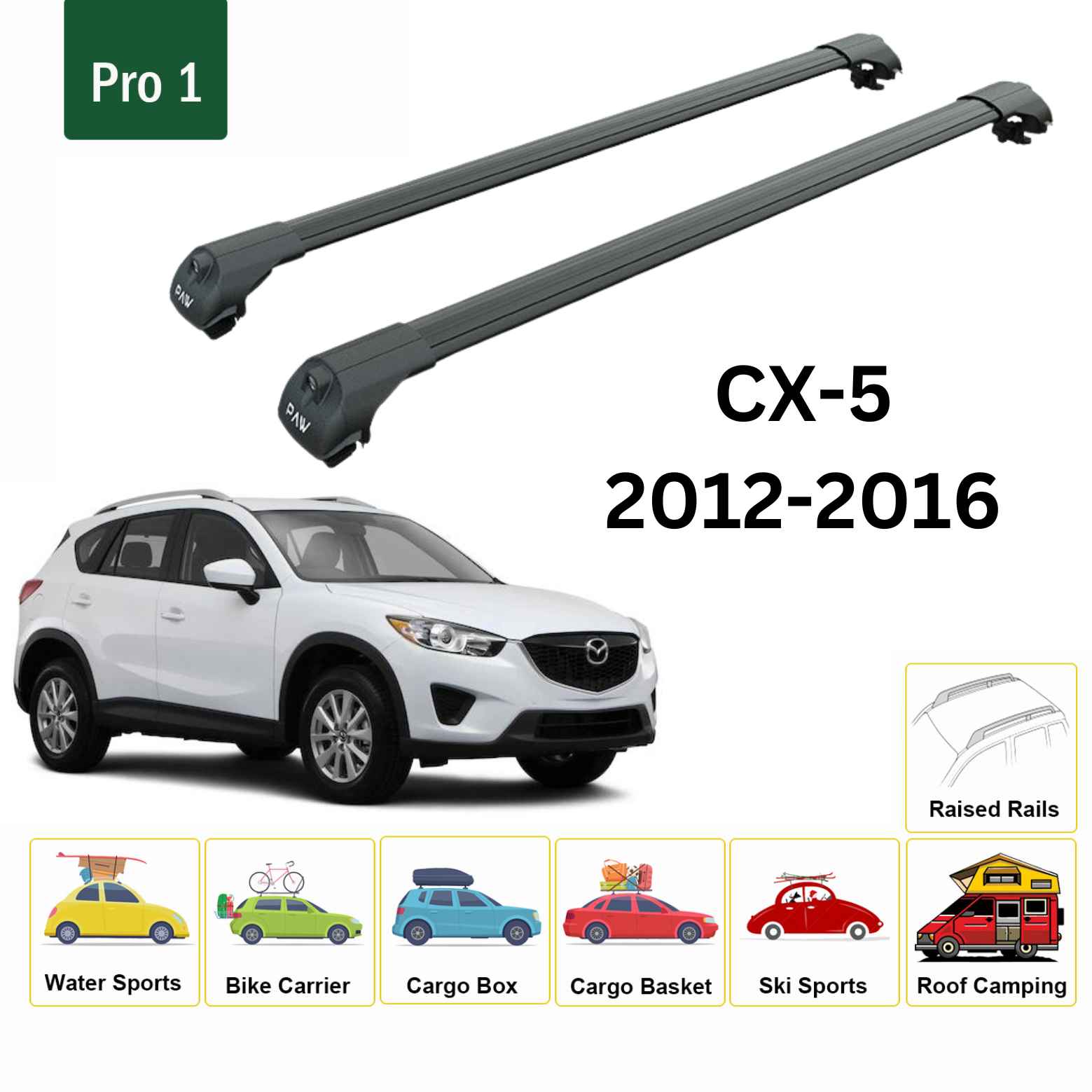 For Mazda CX-5 KF 2017-Up Roof Rack Cross Bars Raised Rail Alu Black - 0