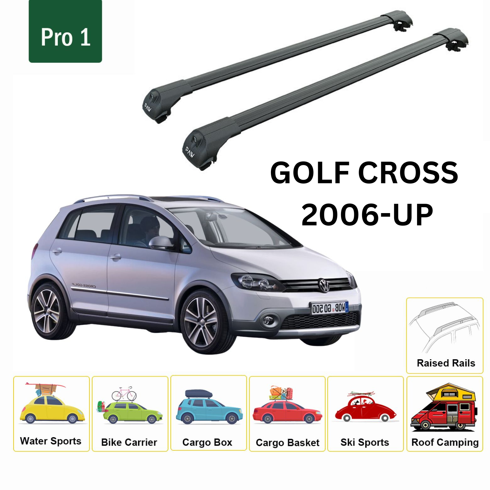 For Volkswagen Golf Cross 2006-Up Roof Rack Cross Bar Raised Rail Alu Black