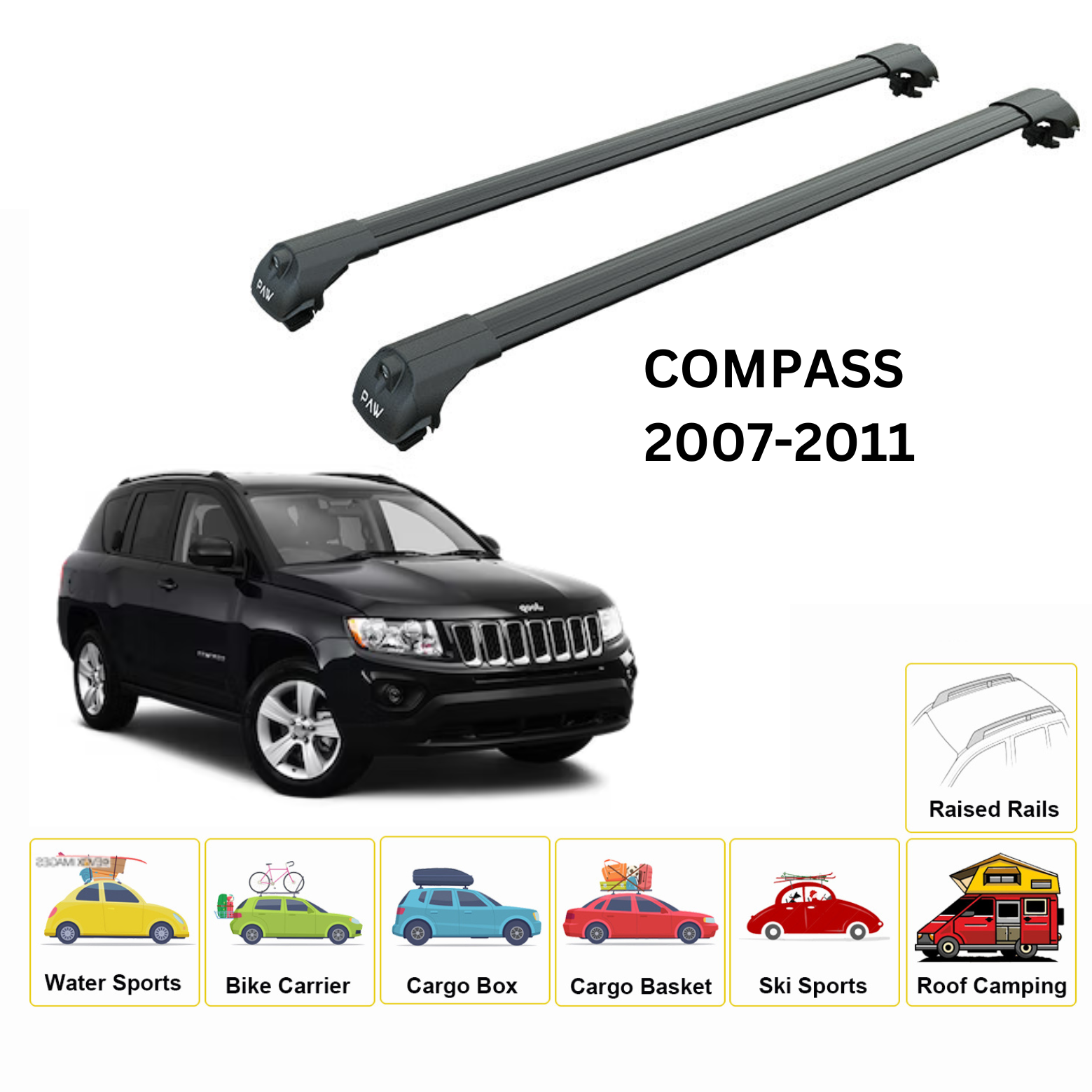 Für Jeep Compass 2007–2011 Dachträgersystem, Aluminium-Querstange, Metallhalterung, abschließbar, schwarz