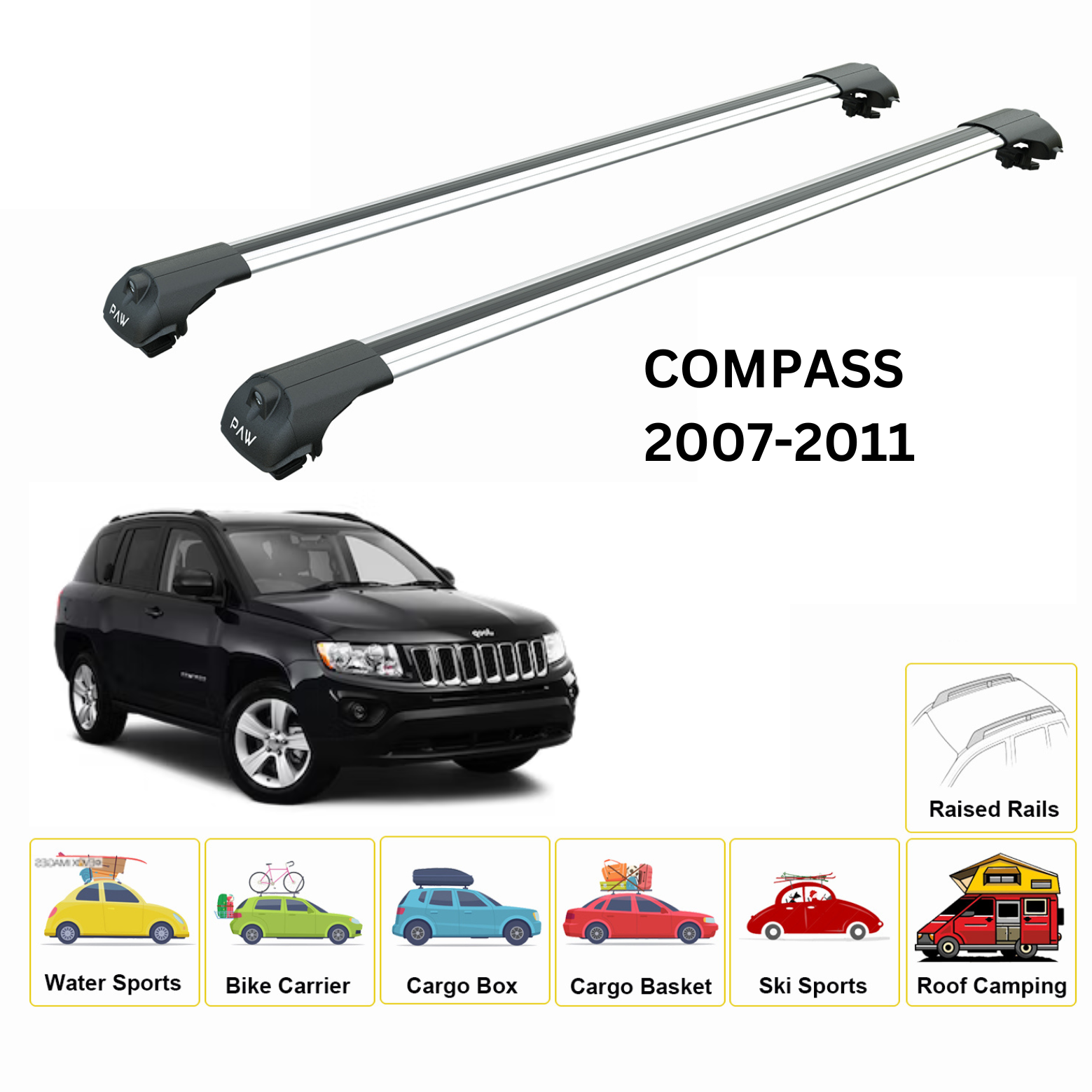 Für Jeep Compass 2007–2011 Dachträgersystem, Aluminium-Querstange, Metallhalterung, abschließbar, Silber