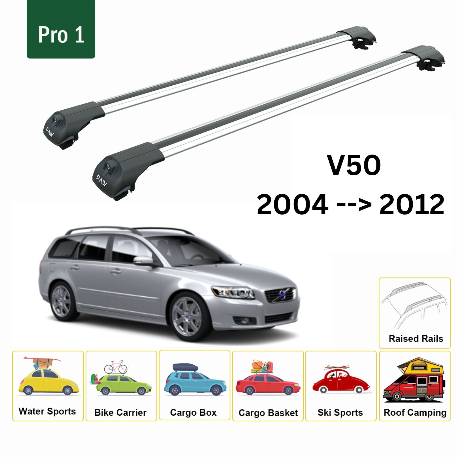 Für Volvo V50 2004–12 Dachträger, Querträger, Metallhalterung, erhöhte Schiene, Alu, Silber - 0