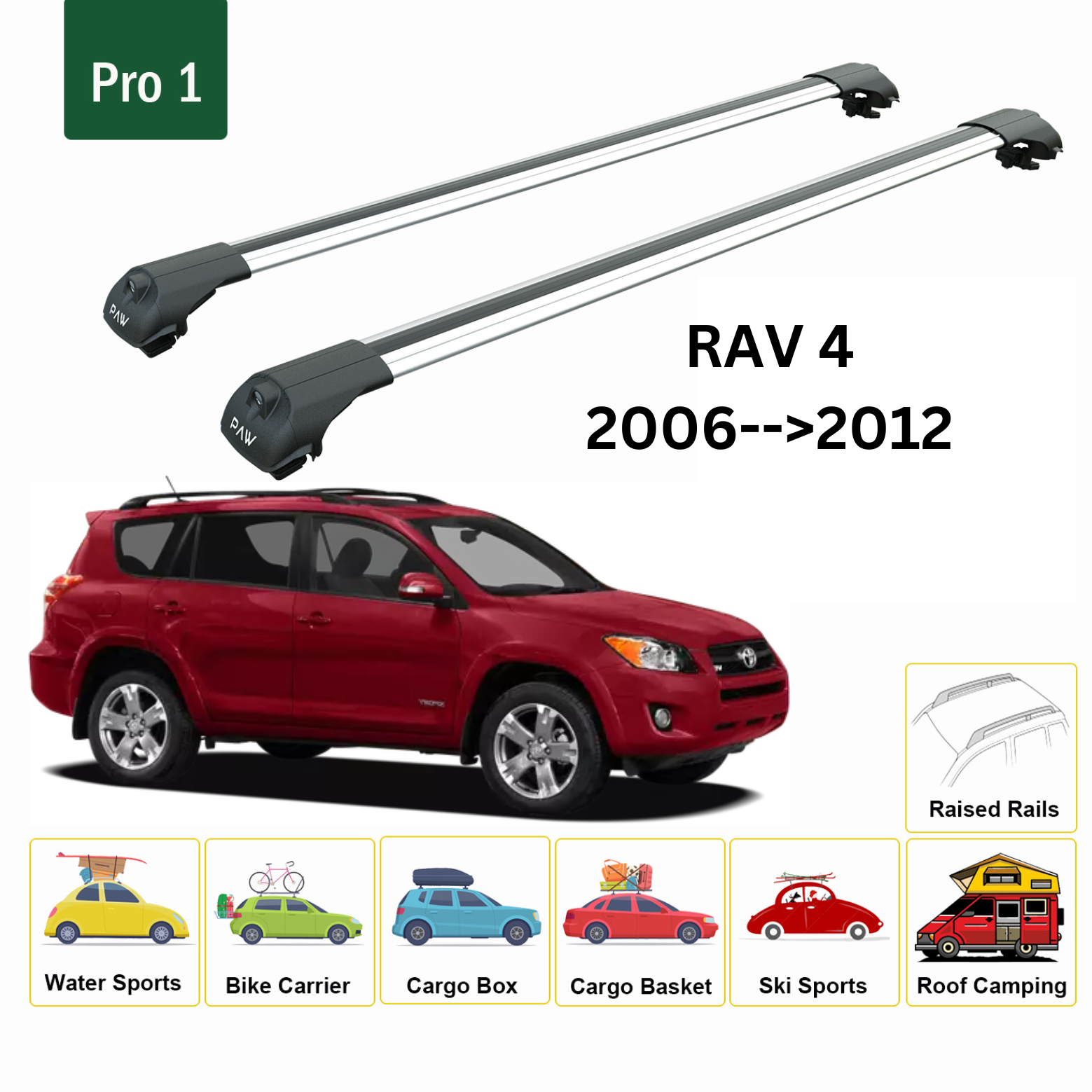 Für Toyota Rav 4 2006–12 Dachträger, Querträger, Metallhalterung, erhöhte Schiene, Alu, Silber