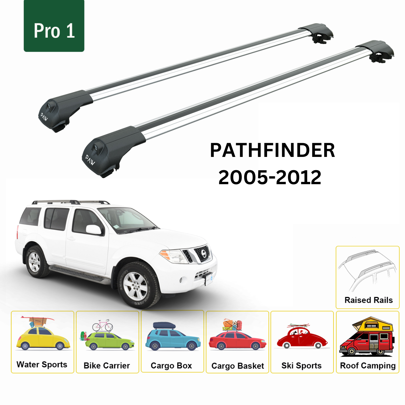 For Nissan Pathfinder 2005-12 Roof Rack Cross Bars Metal Bracket Raised Rail Alu Silver