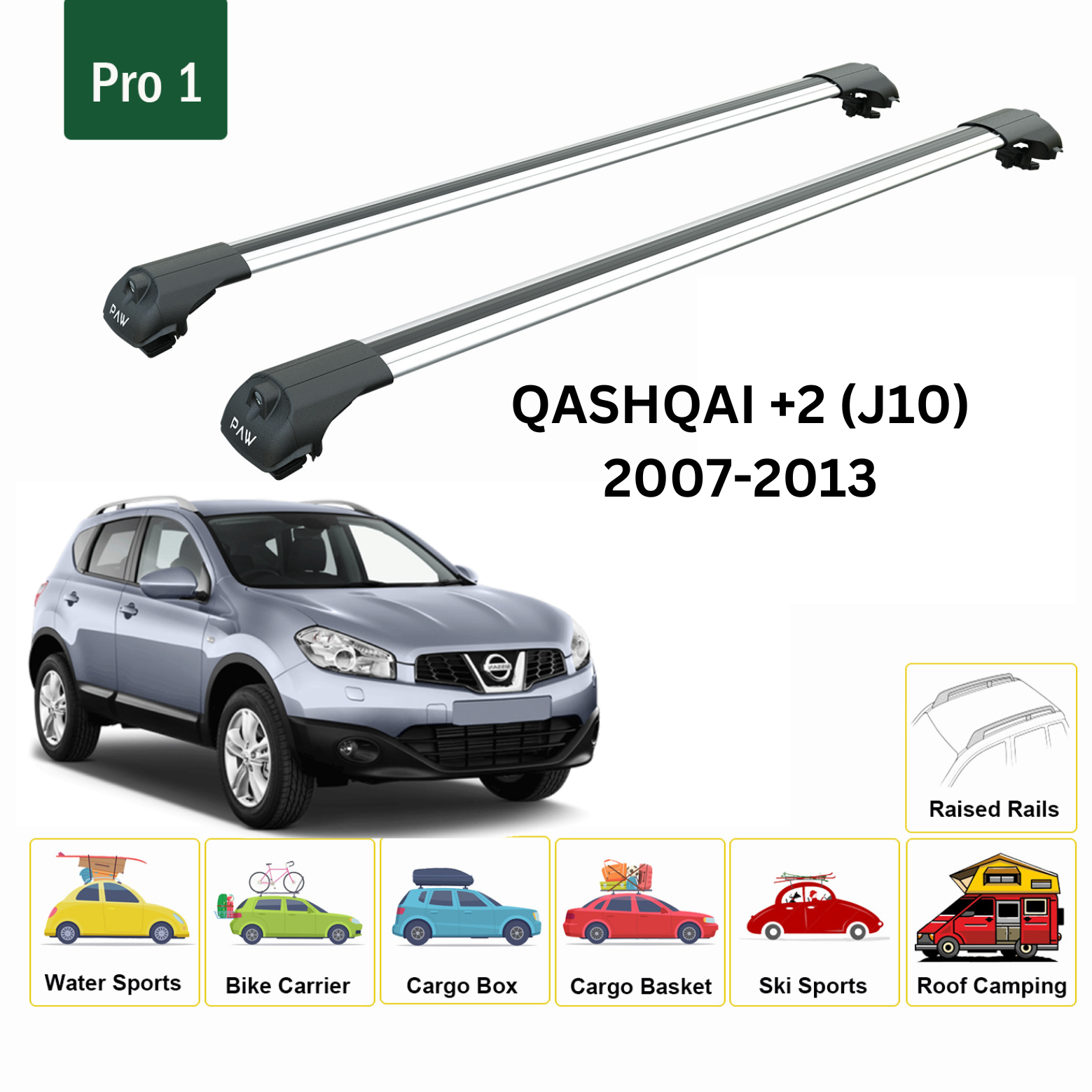 For Nissan Qashqai J10 +2 2007-13 Roof Rack Cross Bars Metal Bracket Raised Rail Alu Silver