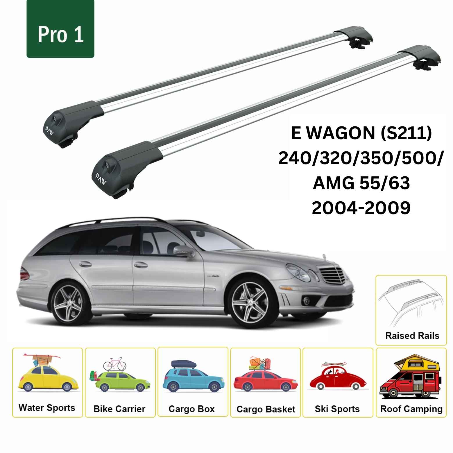 For Mercedes E Wagon S211 2004-2009 Roof Rack Cross Bars Raised Rail Alu Silver