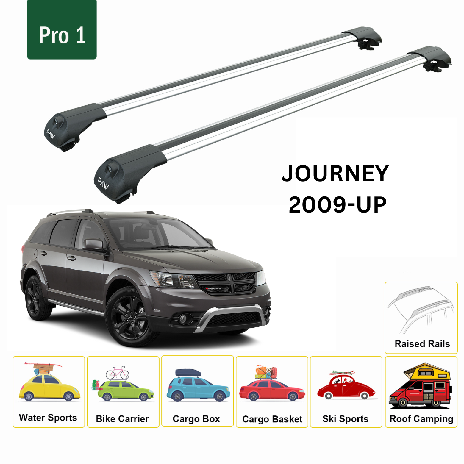 For Dodge Journey 2009-Up Roof Rack Cross Bars Metal Bracket Raised Rail Alu Silver - 0