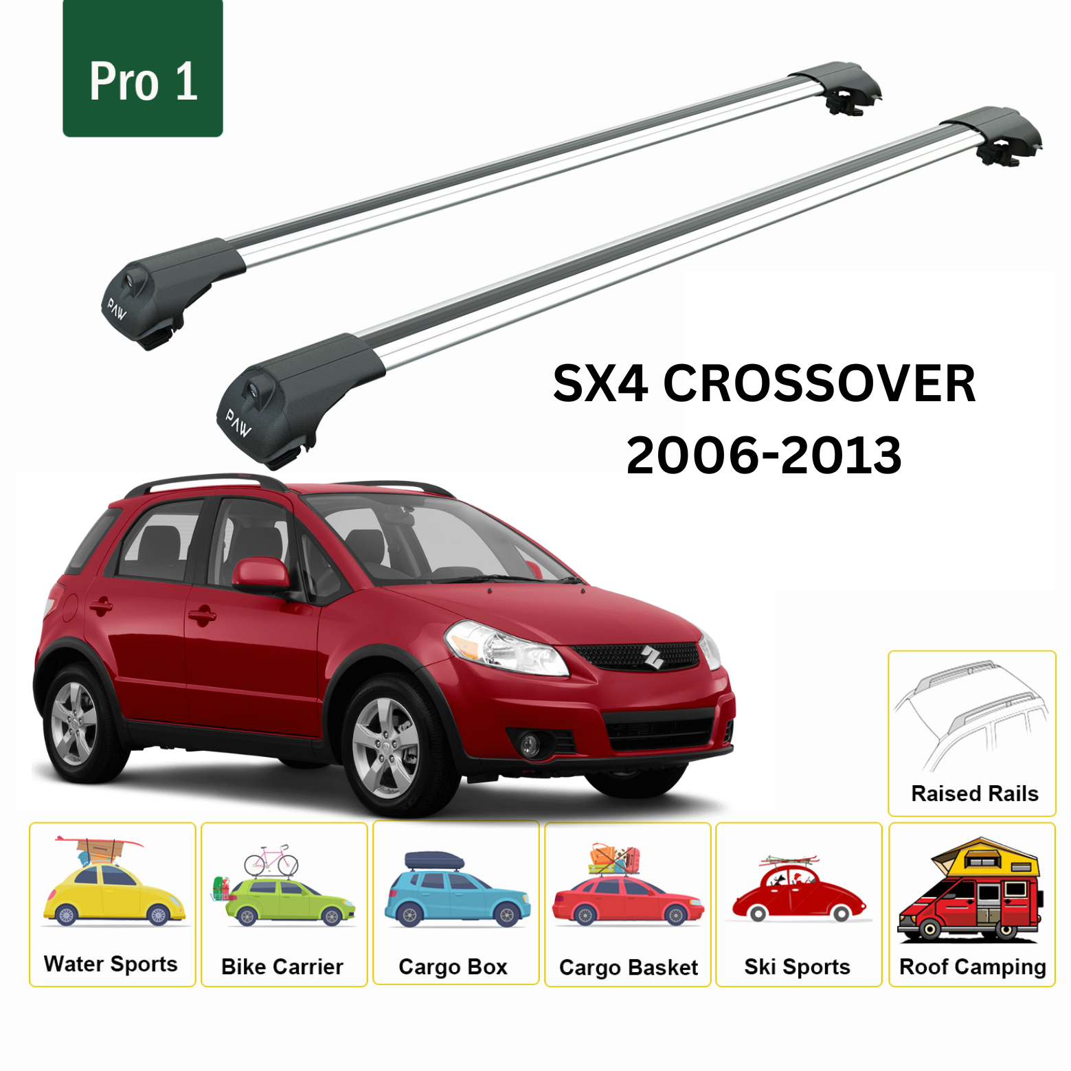 For Suzuki SX4 Crossover 2006-13 Roof Rack Cross Bars Metal Bracket Raised Rail Alu Silver - 0