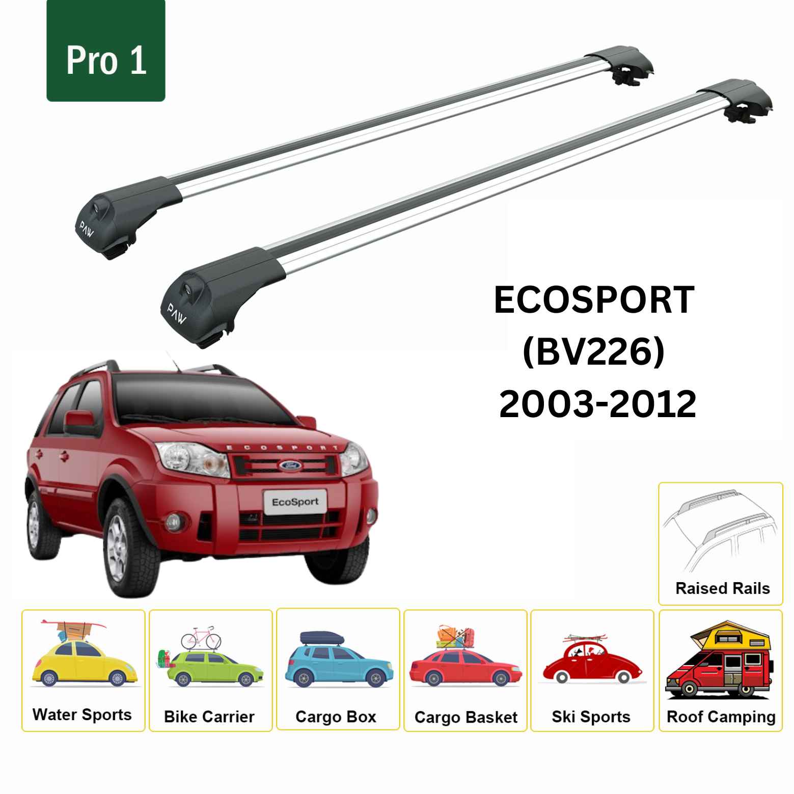 For Ford EcoSport (BV226) 2003-12 Roof Rack Cross Bars Raised Rail Alu Silver