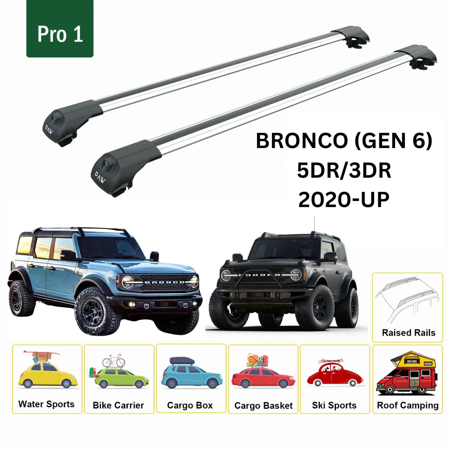 For Ford Bronco (GEN 6) 5dr and 3dr 2020-Up Roof Rack Cross Bars Raised Rail Alu Silver - 0
