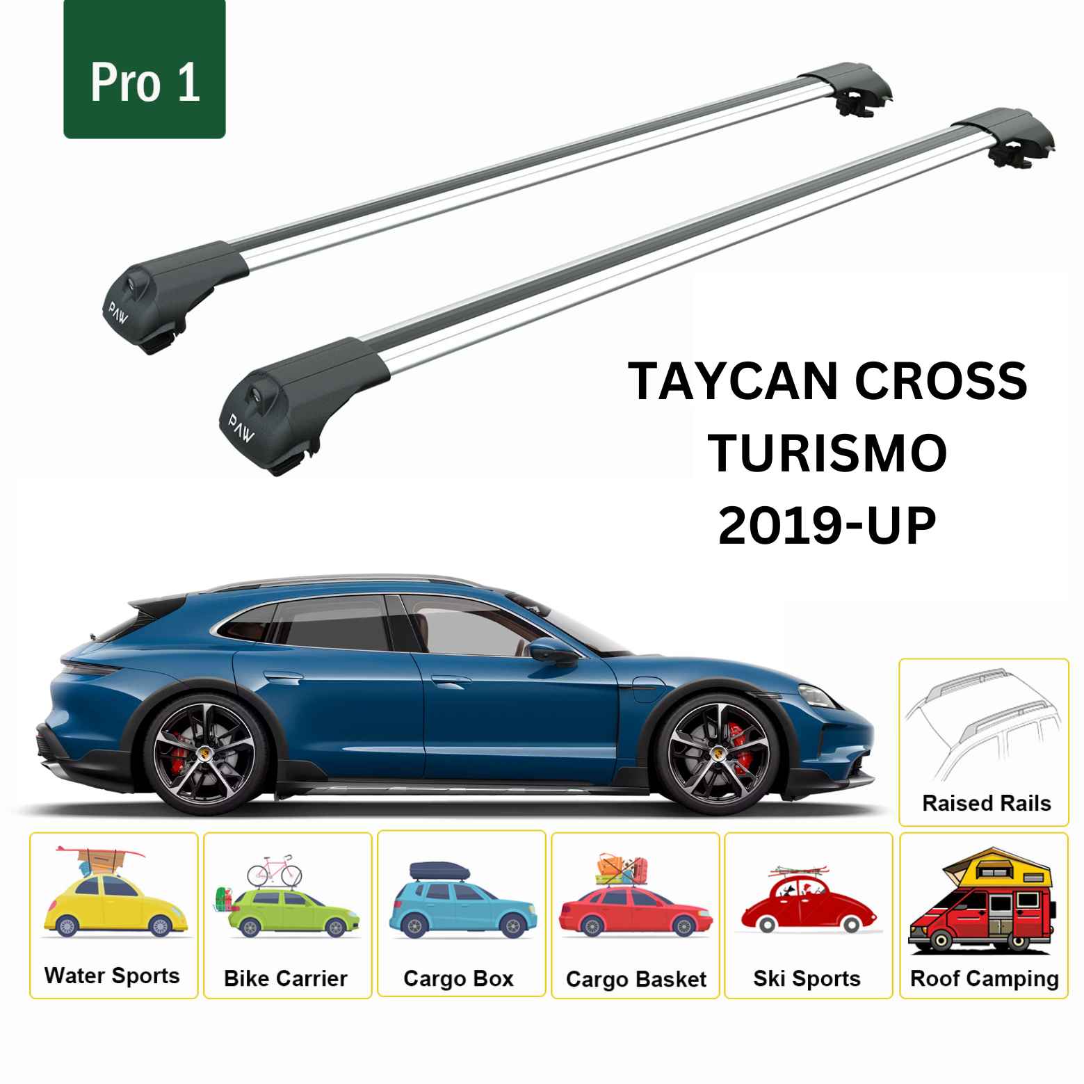 For Porsche Taycan Cross Turismo 2019-Up Roof Rack Cross Bars Raised Rail Alu Silver