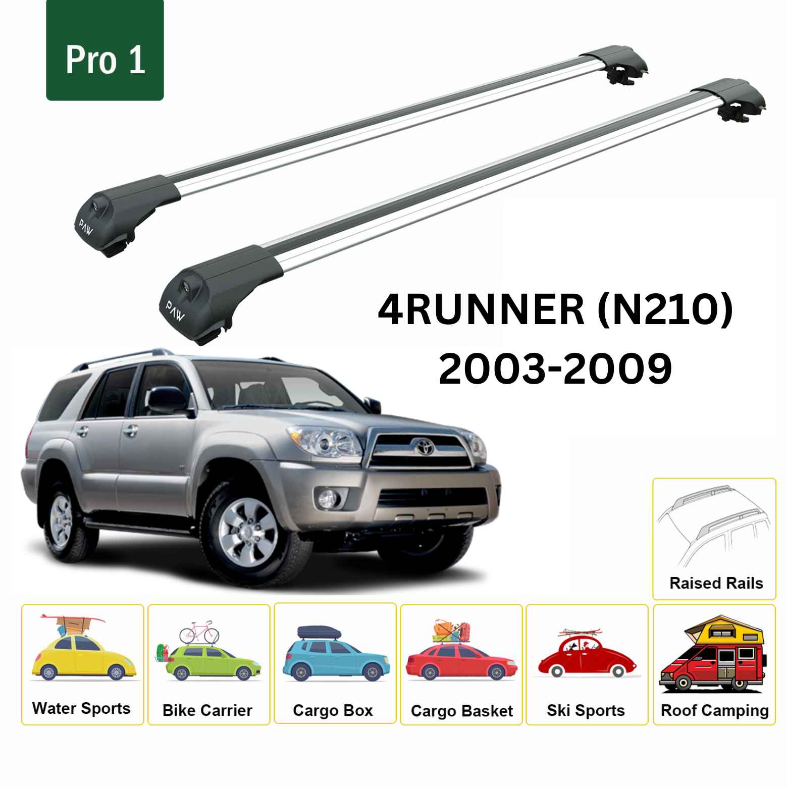 For Toyota 4Runner (N210) 2003-09 Roof Rack Cross Bars Raised Rail Alu Silver - 0