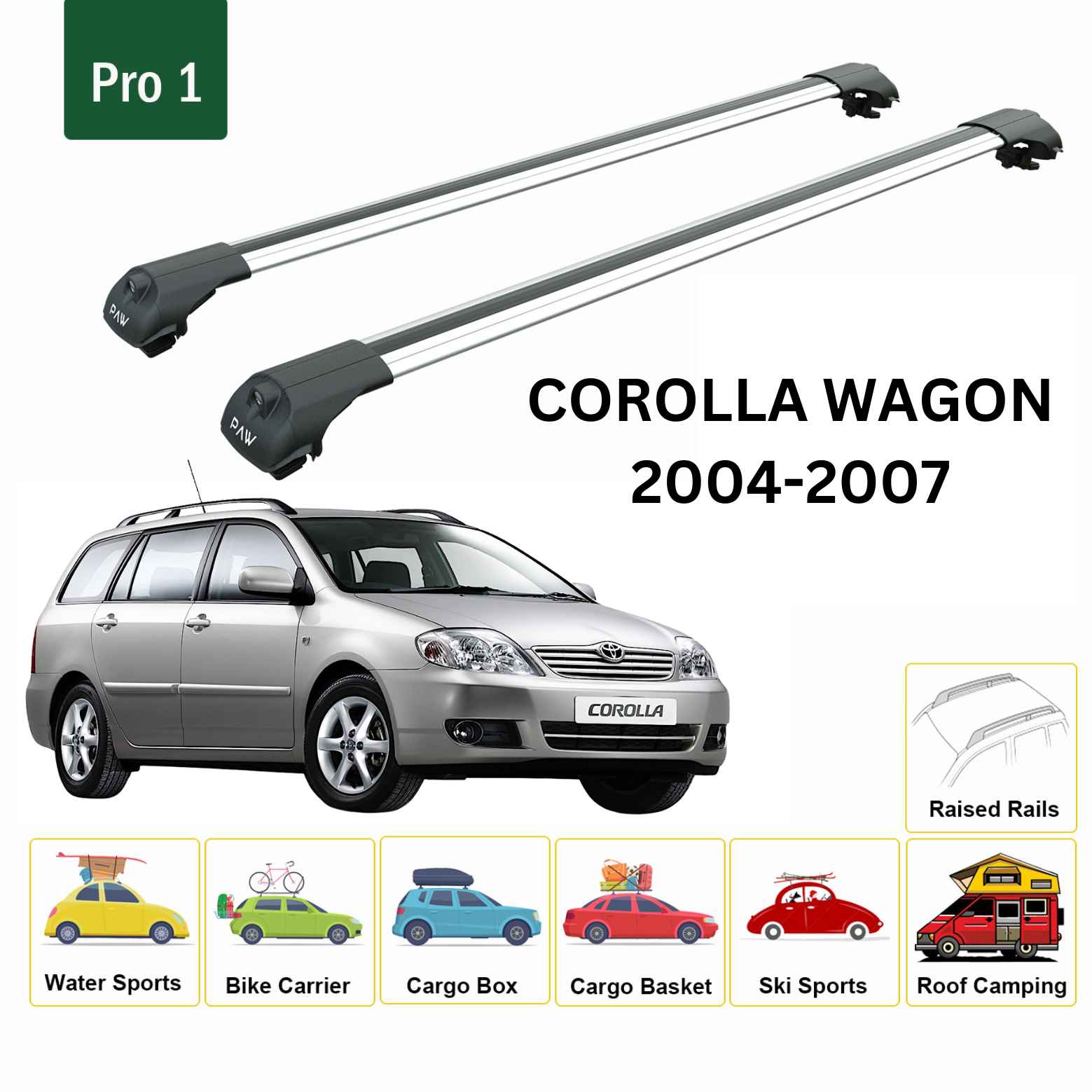 For Toyota Corolla Wagon 2004-07 Roof Rack Cross Bars Raised Rail Alu Silver - 0