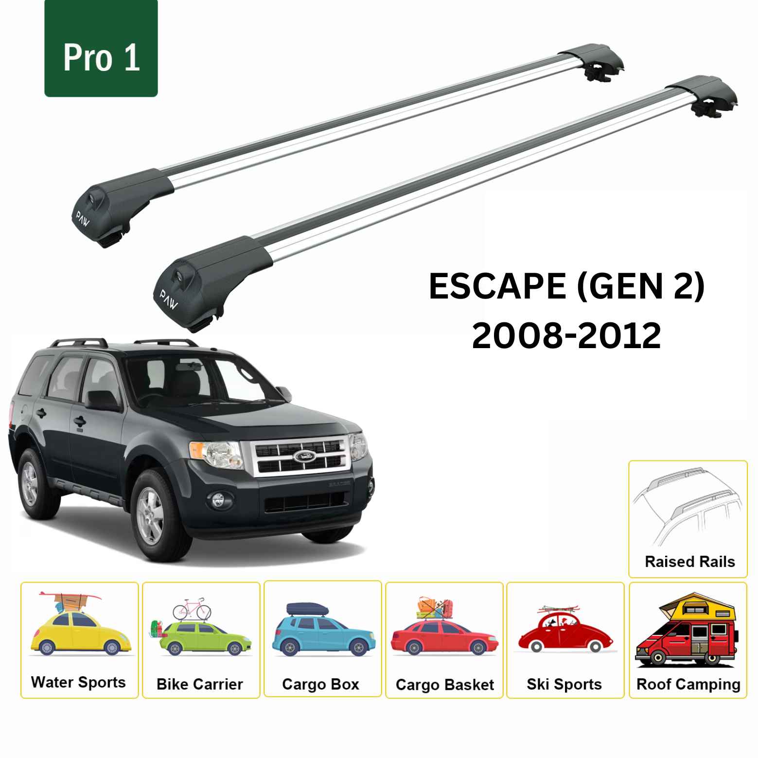 For Ford Escape (Gen 2) 2008-12 Roof Rack Cross Bars Raised Rail Alu Silver