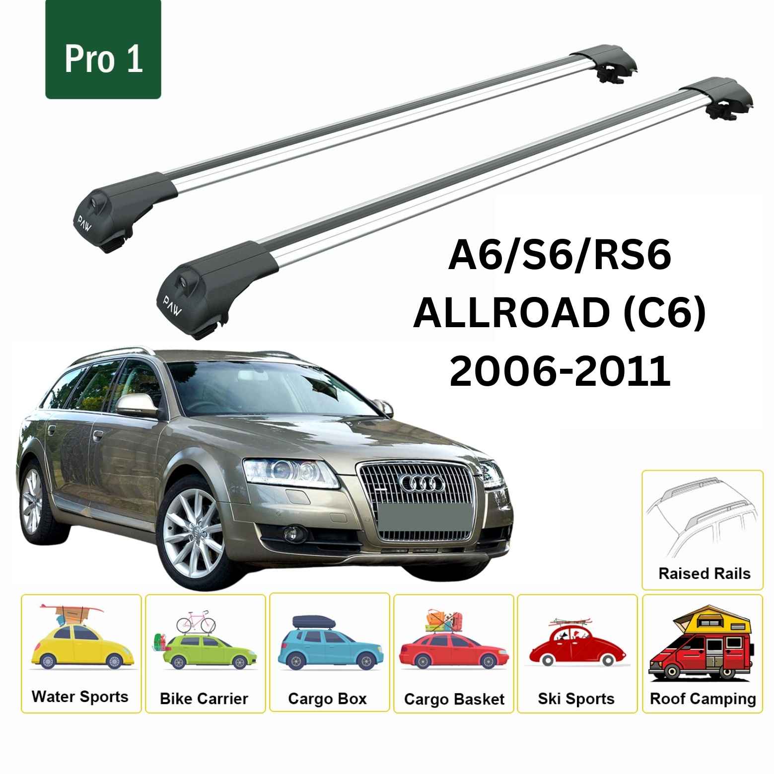 For Audi A6/S6/RS6 (C6) Allroad 2006-11 Roof Rack Cross Bars Raised Rail Alu Silver - 0
