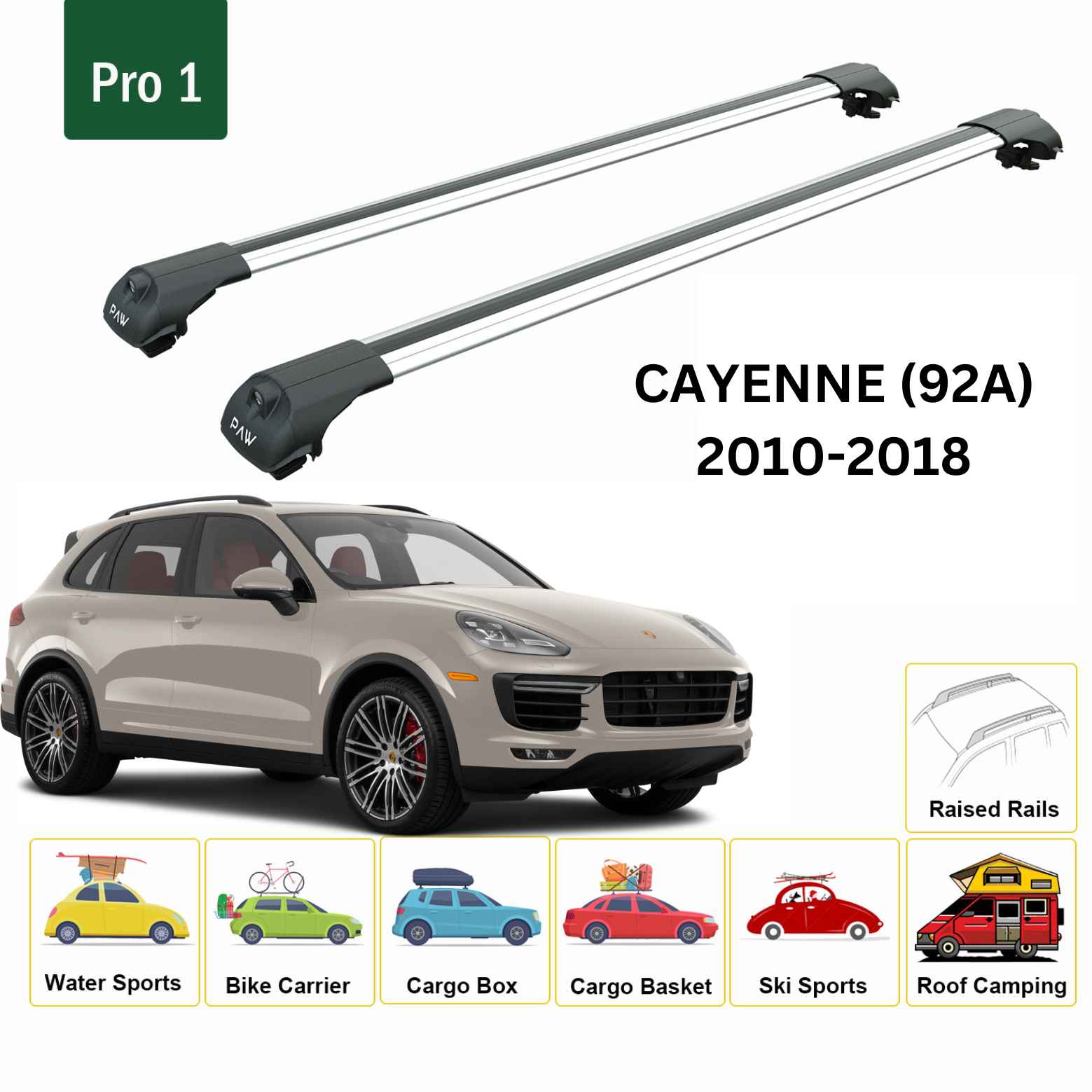 For Porsche Cayenne (92A) 2011-18 Roof Rack Cross Bars Raised Rail Alu Silver - 0