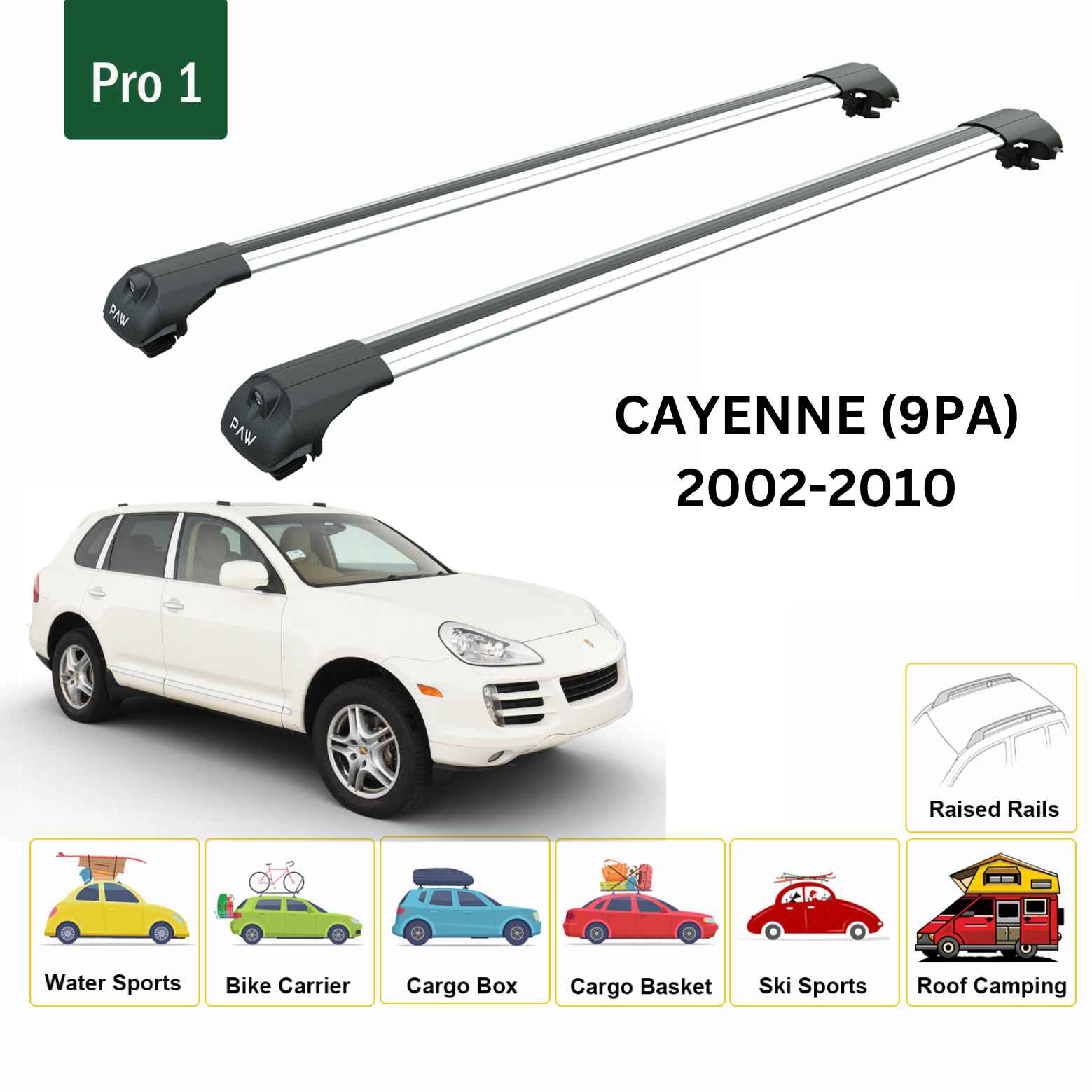 For Porsche Cayenne (9PA) 2002-10 Roof Rack Cross Bars Raised Rail Alu Silver - 0