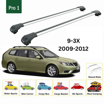 For Saab 9-3 Sportwagon 2009-2012 Roof Rack Cross Bars Raised Rail Alu Silver - 0