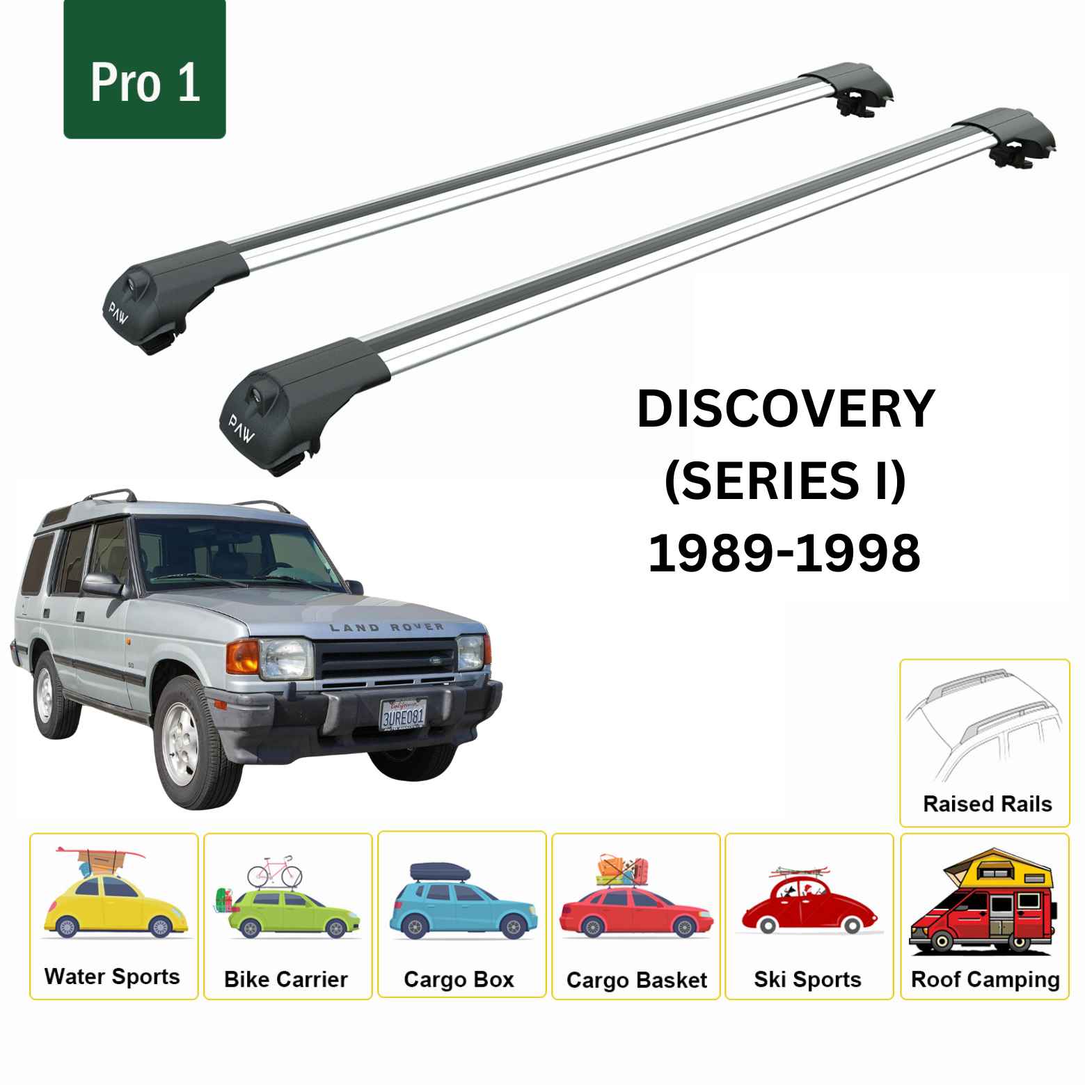 For Land Rover Discovery (Series 1) 1989-98 Roof Rack Cross Bars Raised Rail Alu Silver